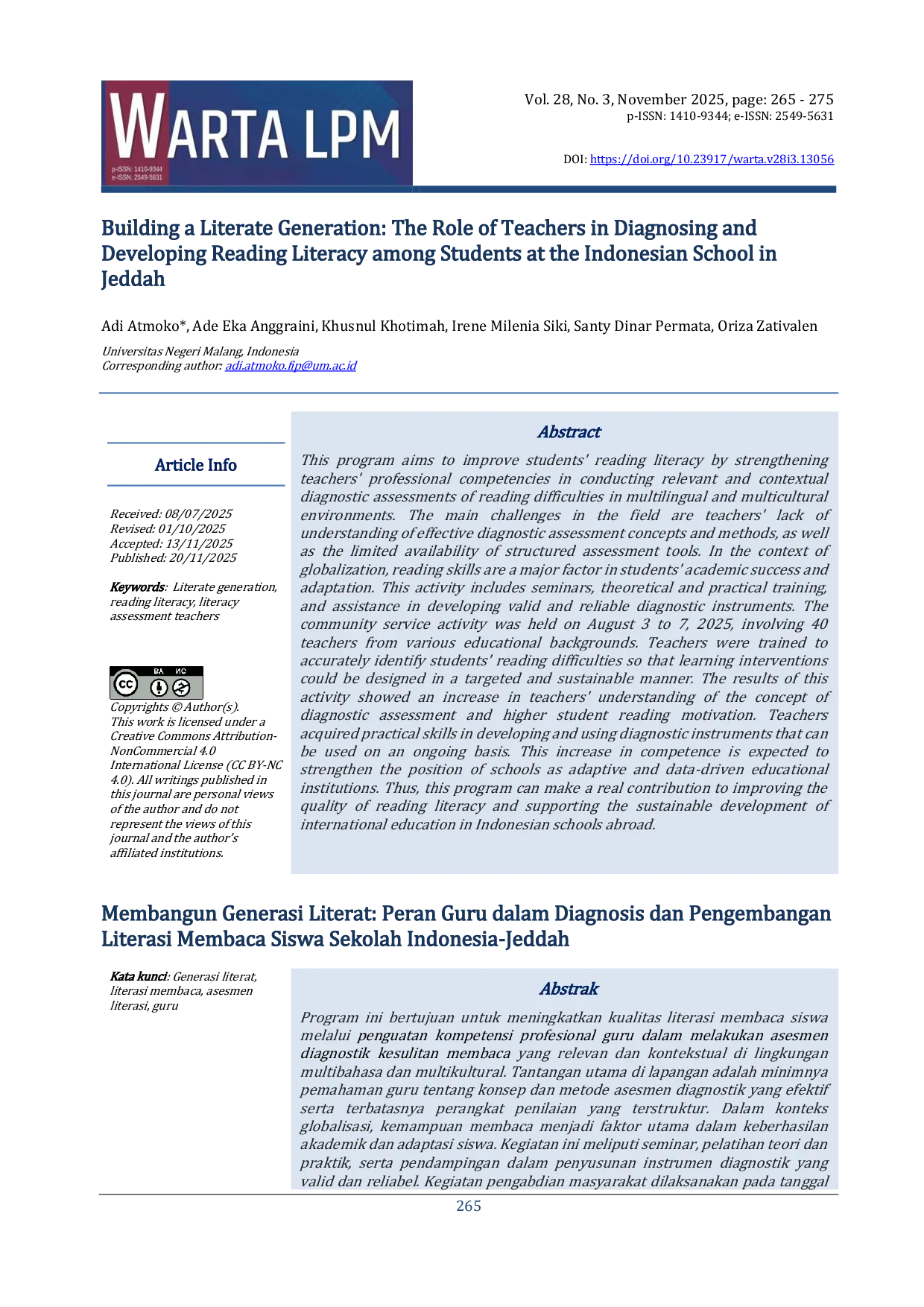 JURIS Building a Literate Generation The Role of Teachers in Diagnosing and Developing Reading Literacy among Students at the Indonesian School in Jeddah