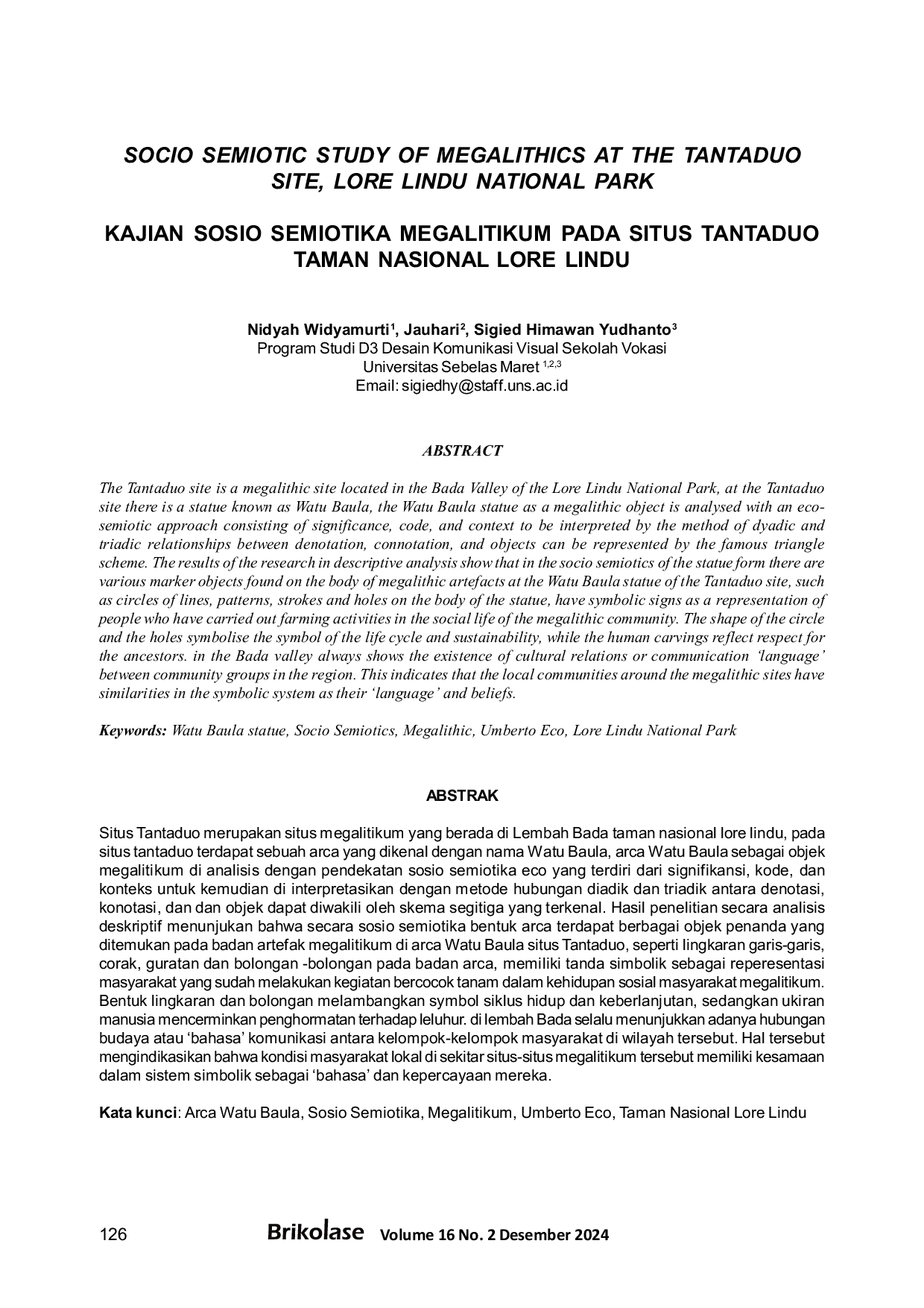 JURIS Kajian Sosio Semiotika Megalitikum Pada Sistus Tantaduo Taman Nasional Lore Lindu