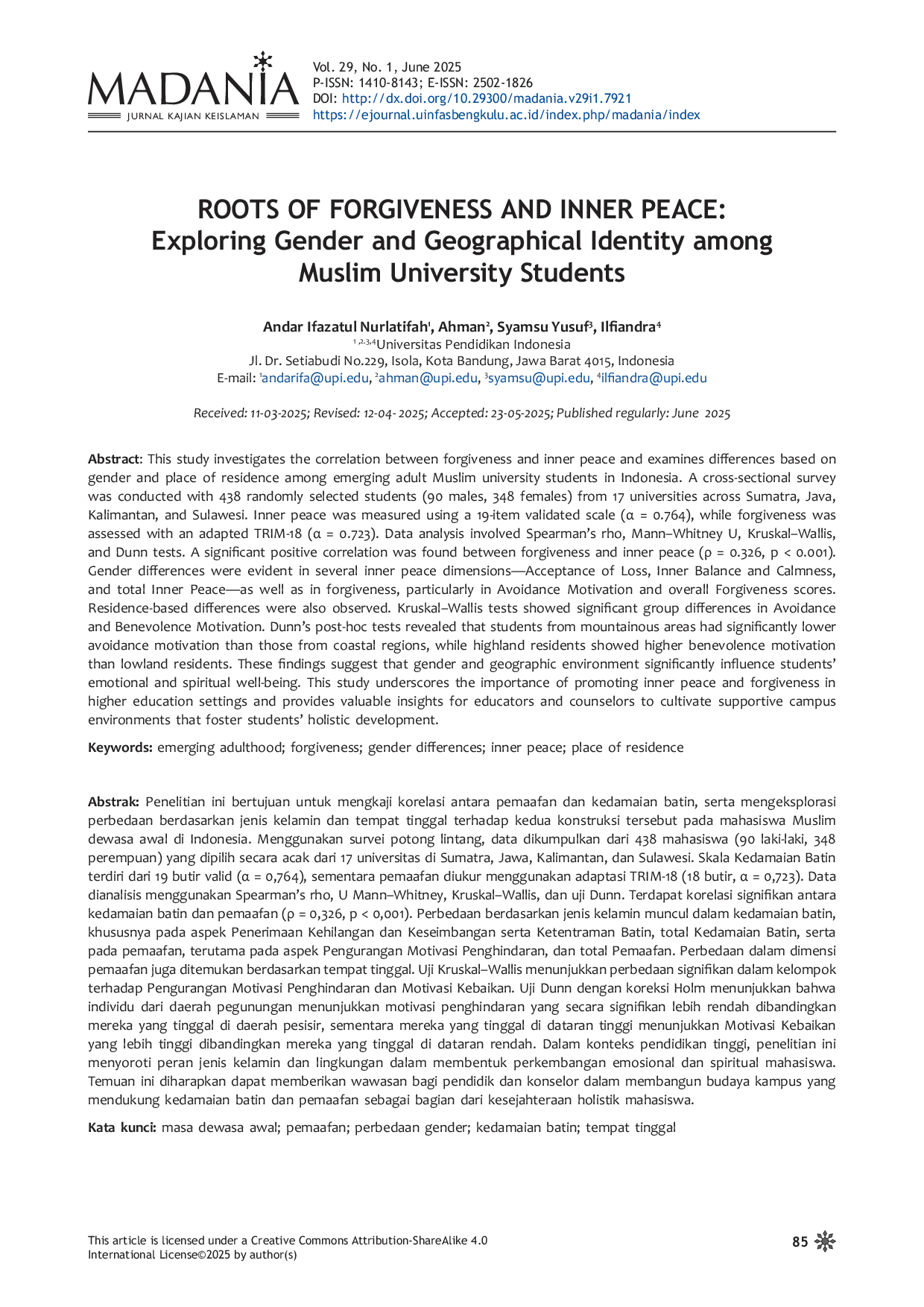 JURIS Roots of Forgiveness and Inner Peace Exploring Gender and Geographical Identity among Muslim University Students