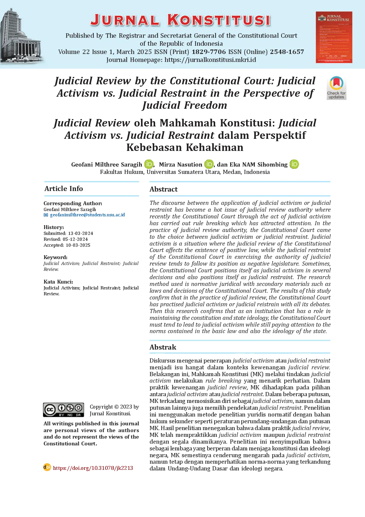 juris Judicial Review Oleh Mahkamah Konstitusi Judicial Activism vs Judicial Restraint dalam Perspektif Kebebasan Kehakiman Judicial Review by the Constitutional Court Judicial Activism vs Judicial Res