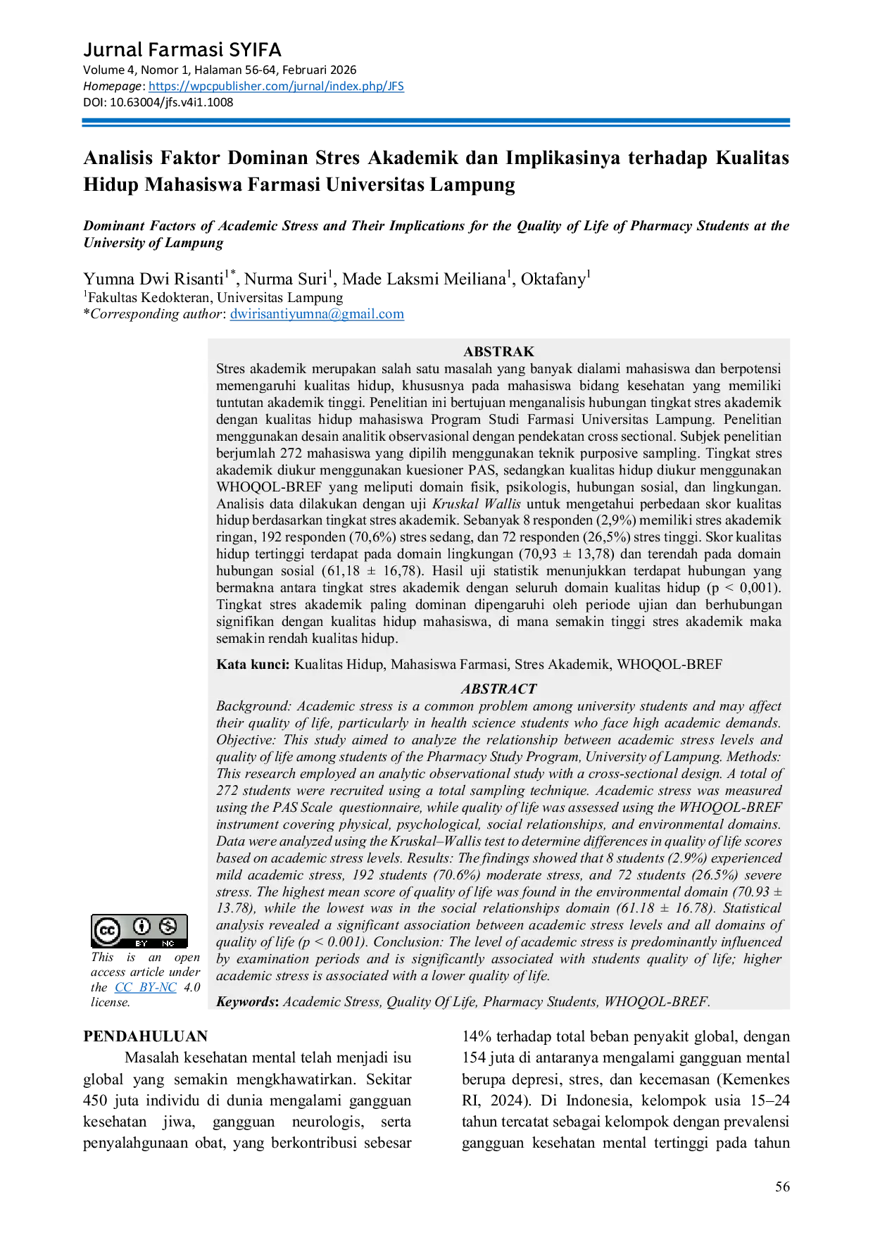JURIS Analisis Faktor Dominan Stres Akademik Dan Implikasinya Terhadap Kualitas Hidup Mahasiswa Farmasi Universitas Lampung