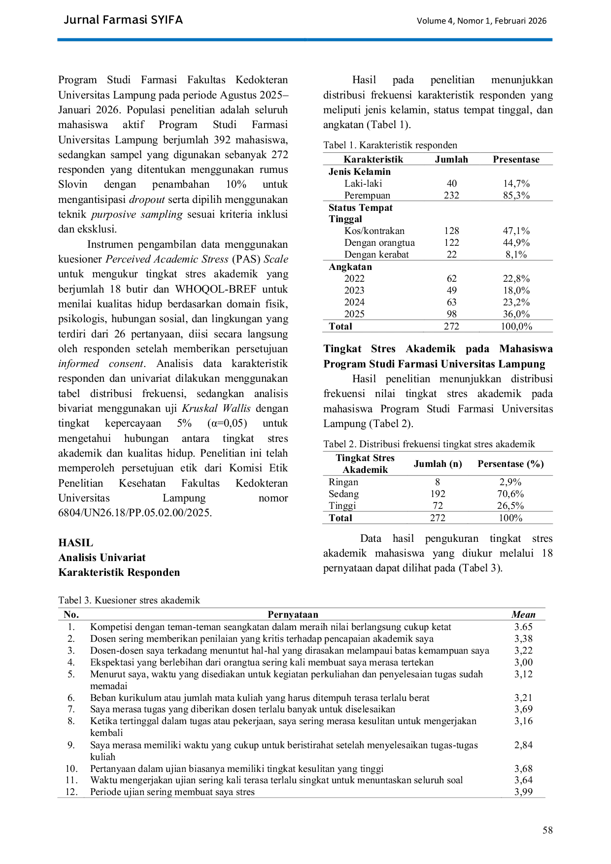JURIS Analisis Faktor Dominan Stres Akademik Dan Implikasinya Terhadap Kualitas Hidup Mahasiswa Farmasi Universitas Lampung