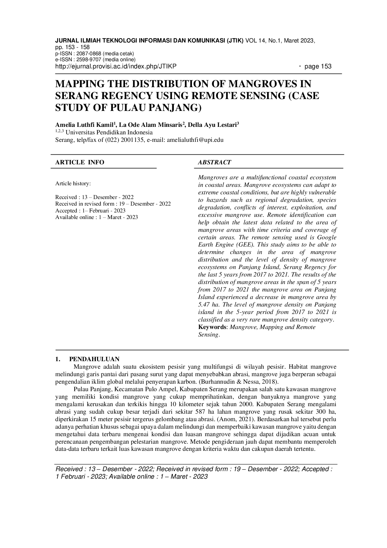 JURIS Mapping the Distribution of Mangroves in Serang Regency Using Remote Sensing Case Study of Pulau Panjang