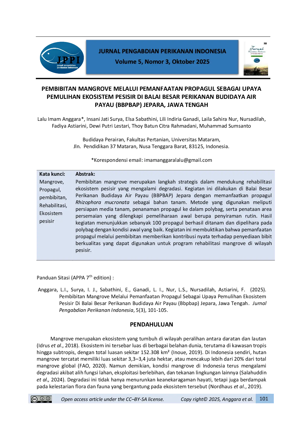 JURIS Pembibitan Mangrove Melalui Pemanfaatan Propagul Sebagai Upaya Pemulihan Ekosistem Pesisir Di Balai Besar Perikanan Budidaya Air Payau Bbpbap Jepara Jawa Tengah