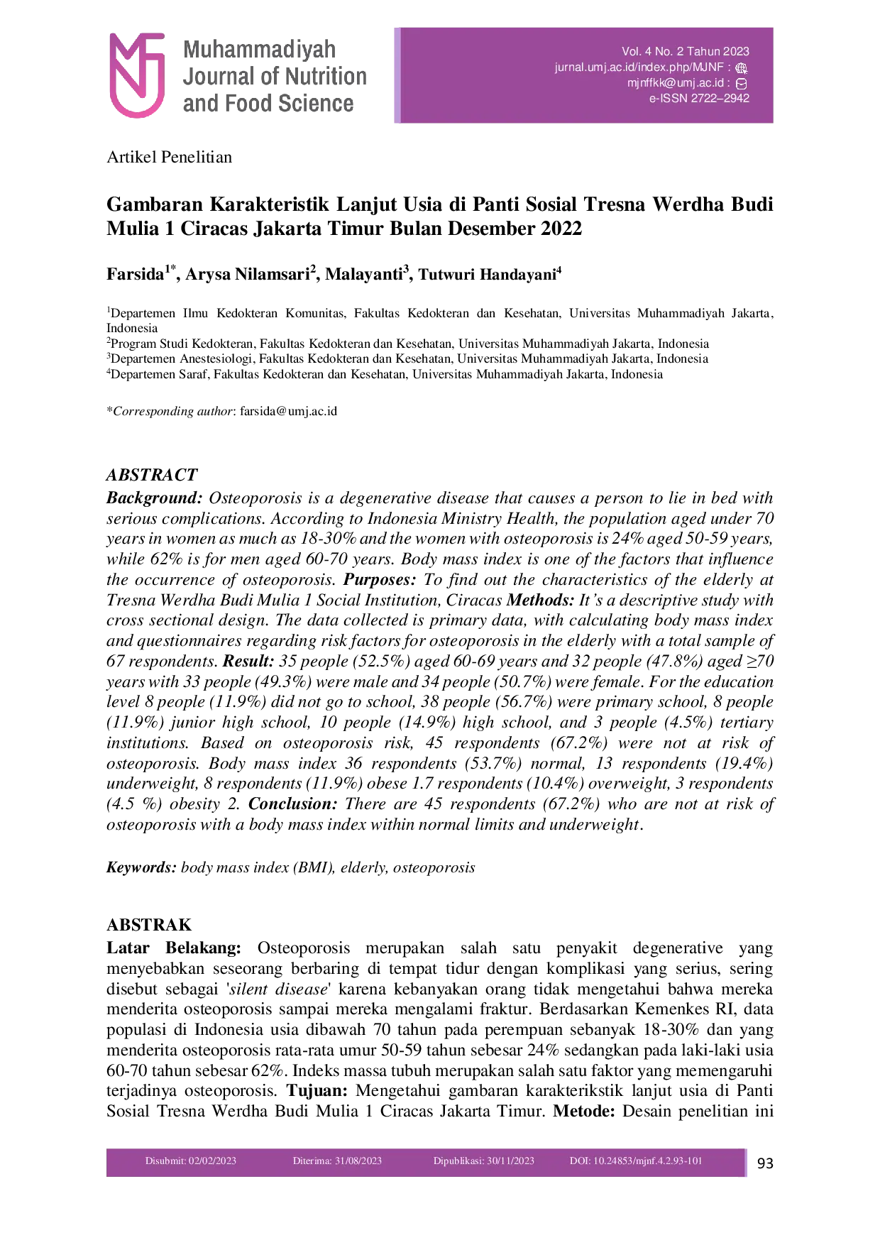 JURIS Gambaran Karakteristik Lanjut Usia di Panti Sosial Tresna Werdha Budi Mulia 1 Ciracas Jakarta Timur Bulan Desember 2022