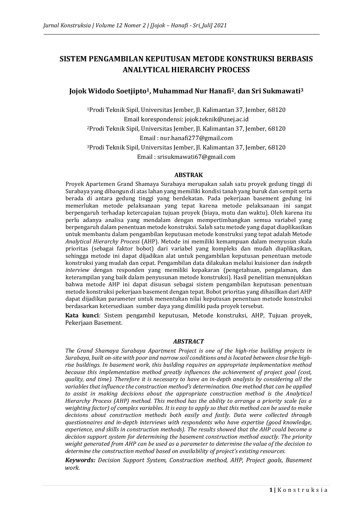 JURIS Sistem Pengambilan Keputusan Metode Konstruksi Berbasis Analytical Hierarchy Process