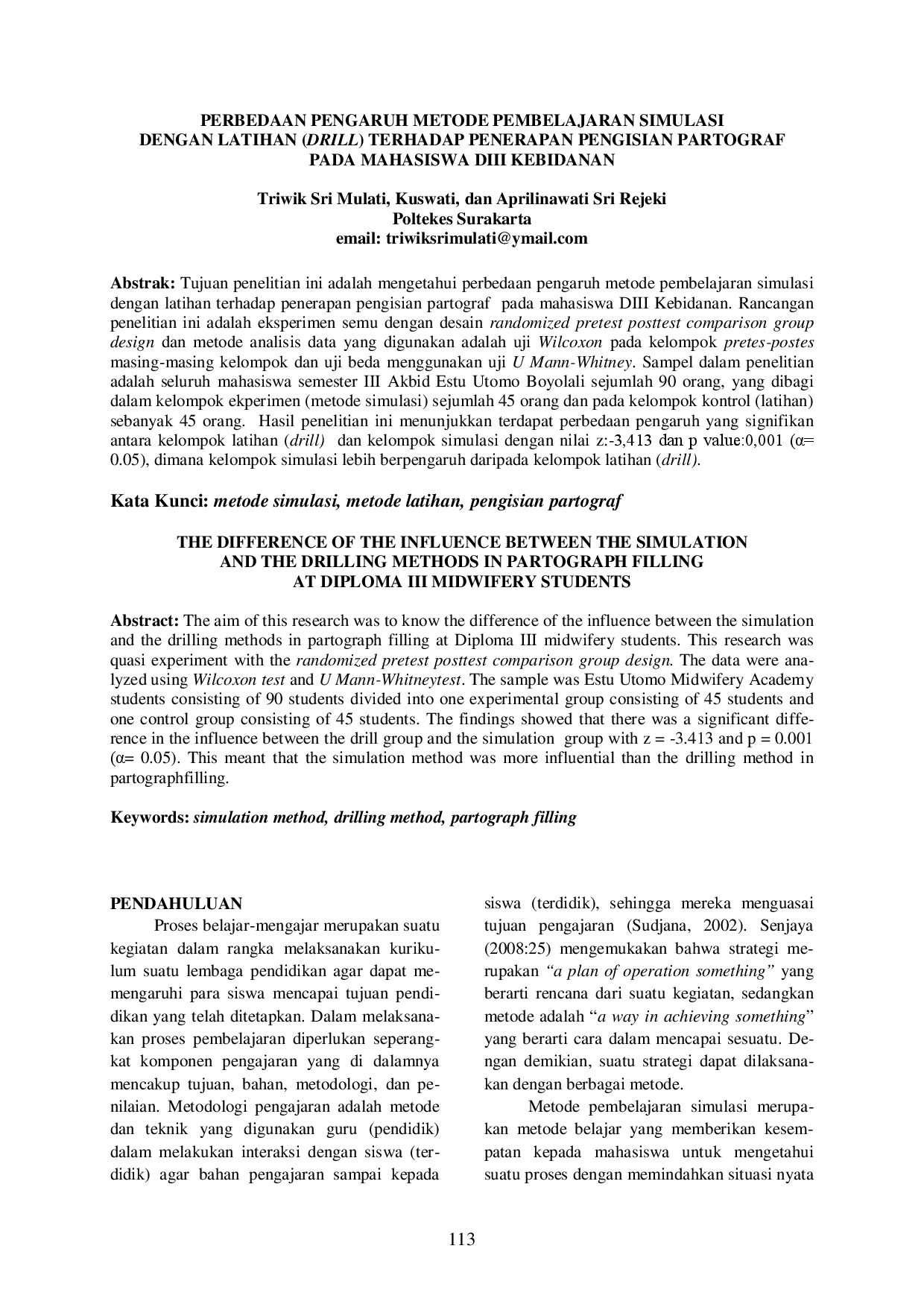 juris Perbedaan Pengaruh Metode Pembelajaran Simulasi Dengan Latihan Drill Terhadap Penerapan Pengisian Partograf Pada Mahasiswa Diii Kebidanan