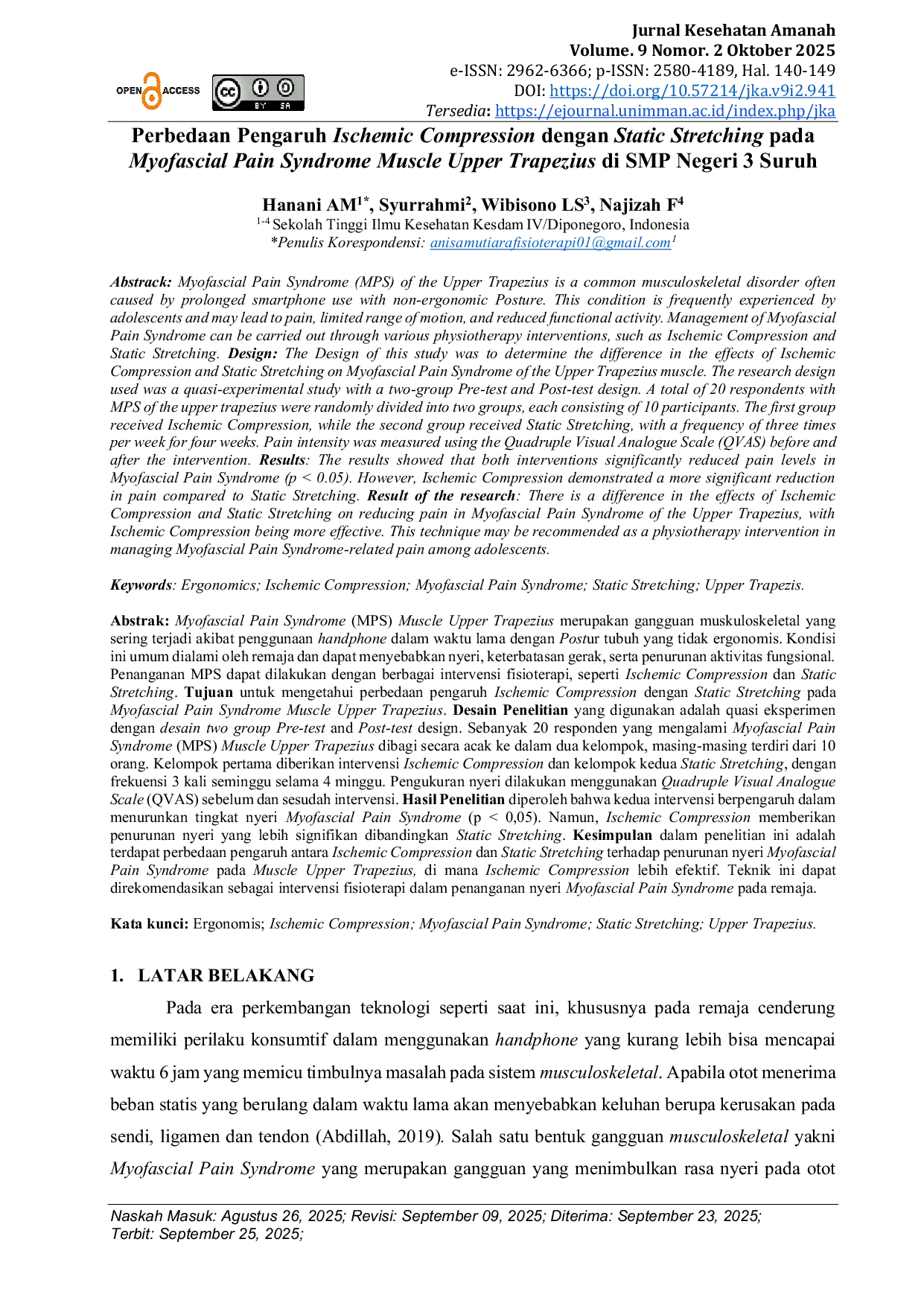 JURIS Perbedaan Pengaruh Ischemic Compression dengan Static Stretching pada Myofascial Pain Syndrome Muscle Upper Trapezius di SMP Negeri 3 Suruh