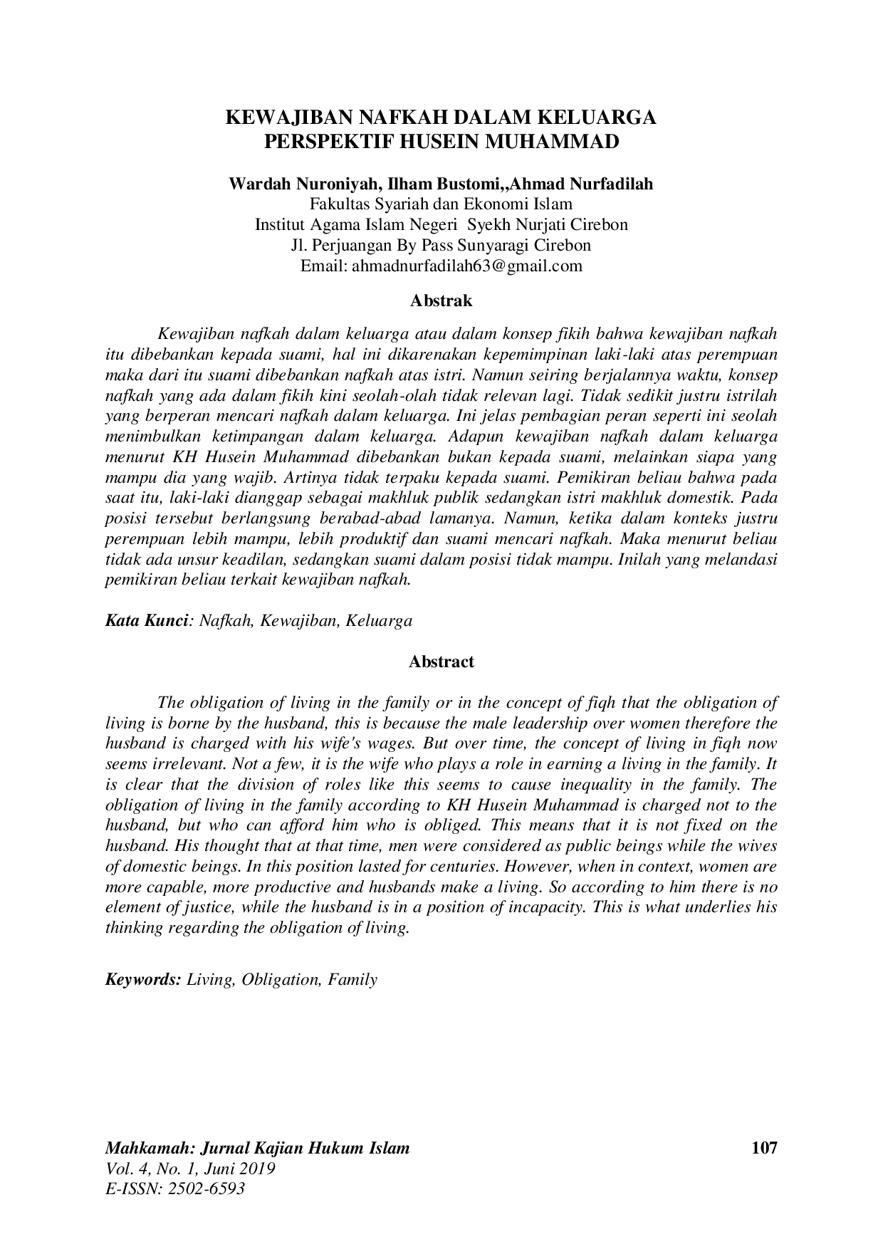 JURIS Kewajiban Nafkah Dalam Keluarga Perspektif Husein Muhammad