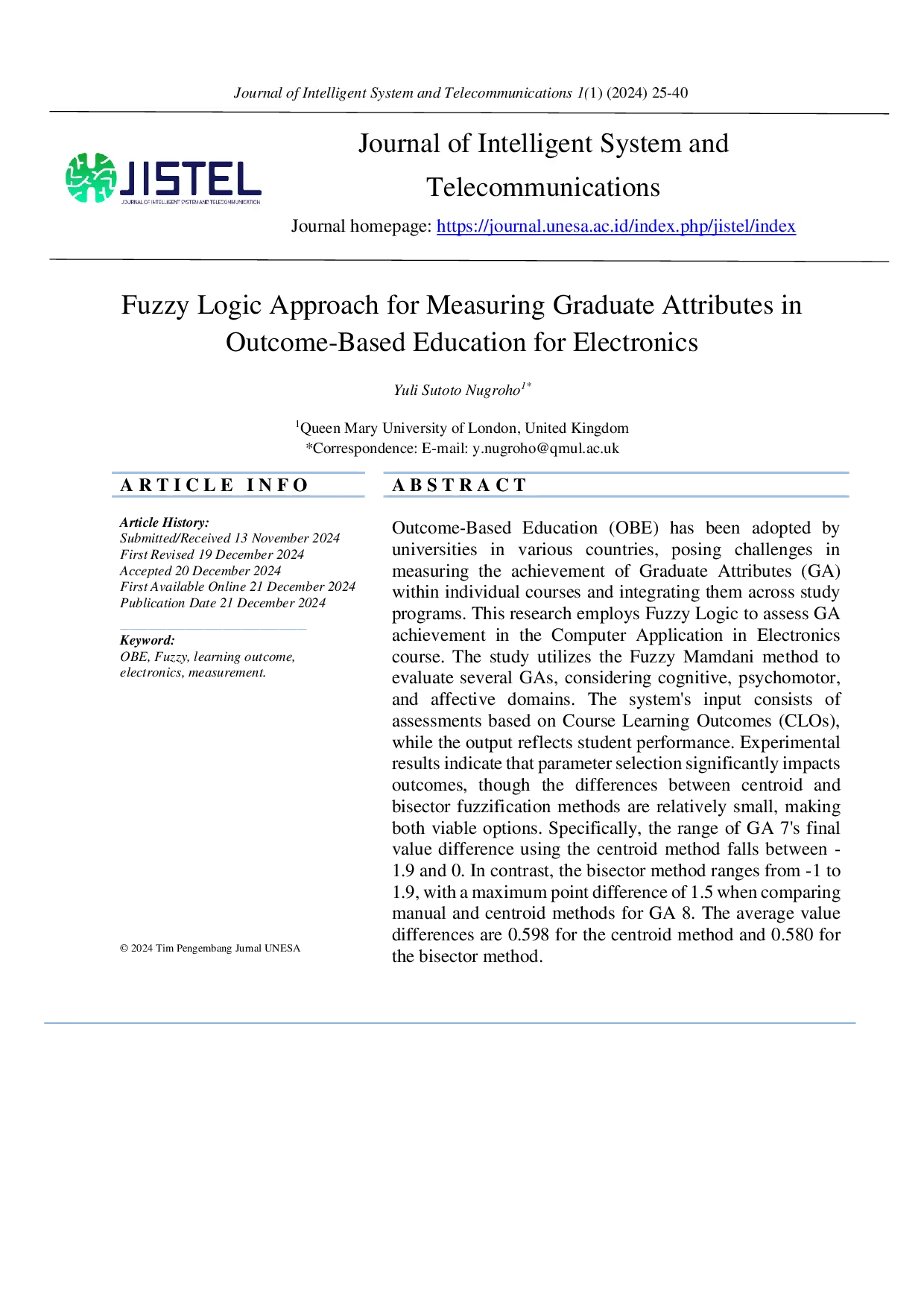 JURIS Fuzzy Logic Approach for Measuring Graduate Attributes in Outcome Based Education for Electronics