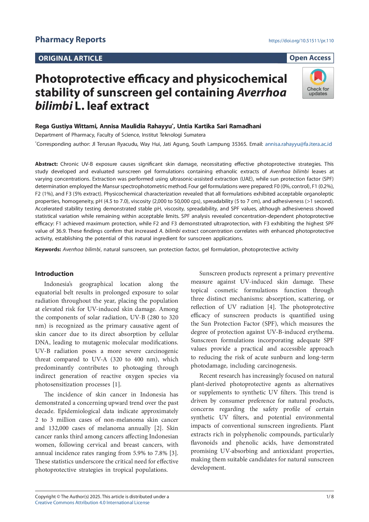JURIS Photoprotective efficacy and physicochemical stability of sunscreen gel containing Averrhoa bilimbi L leaf extract