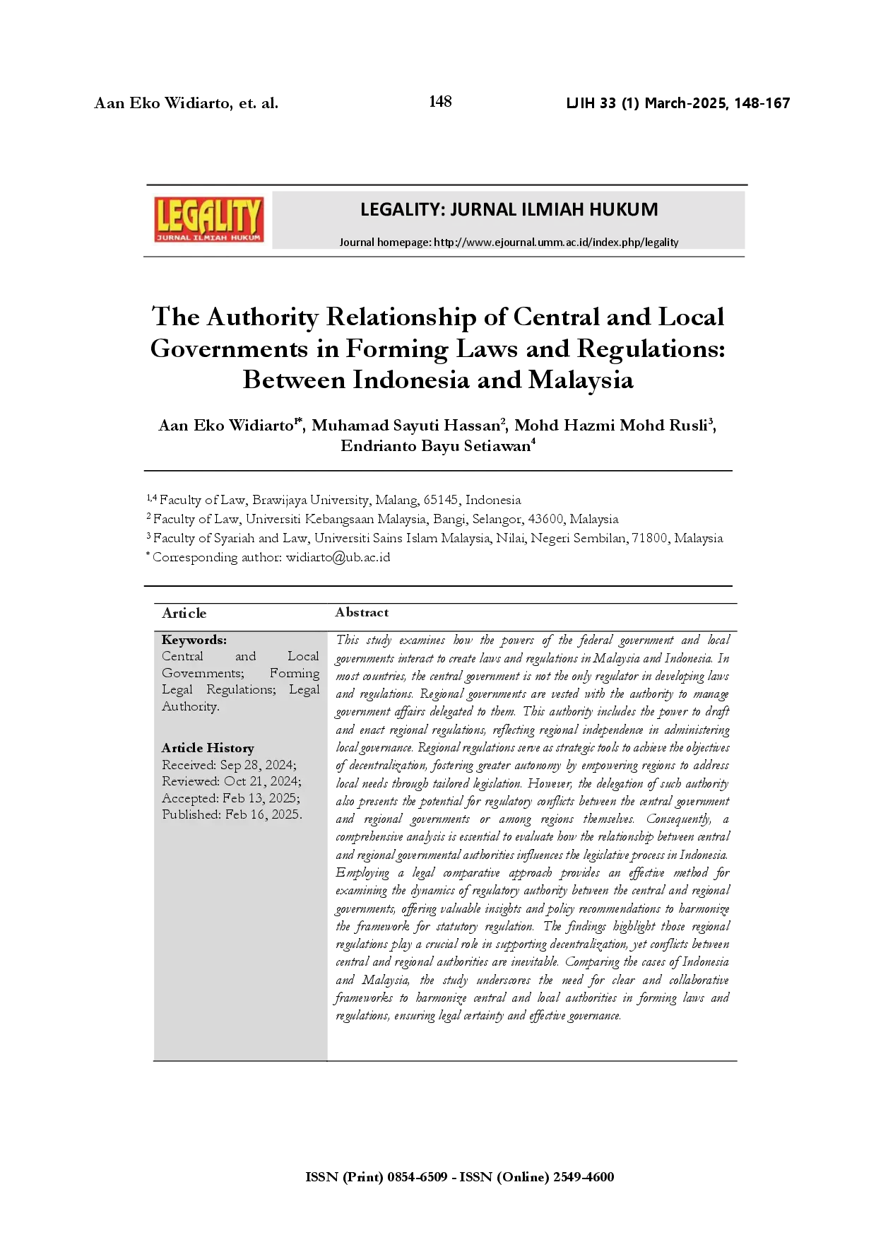 juris The authority relationship of Central and Local Governments in forming laws and regulations between Indonesia and Malaysia