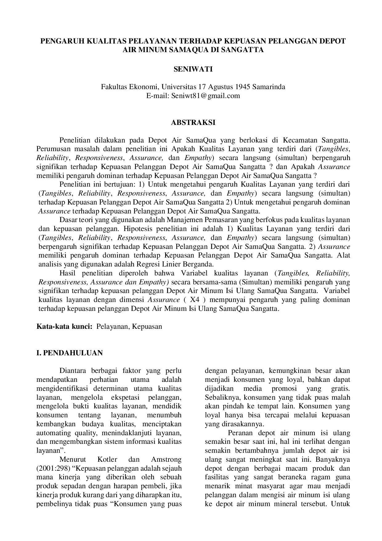 JURIS PENGARUH KUALITAS PELAYANAN TERHADAP KEPUASAN PELANGGAN DEPOT AIR MINUM SAMAQUA DI SANGATTA