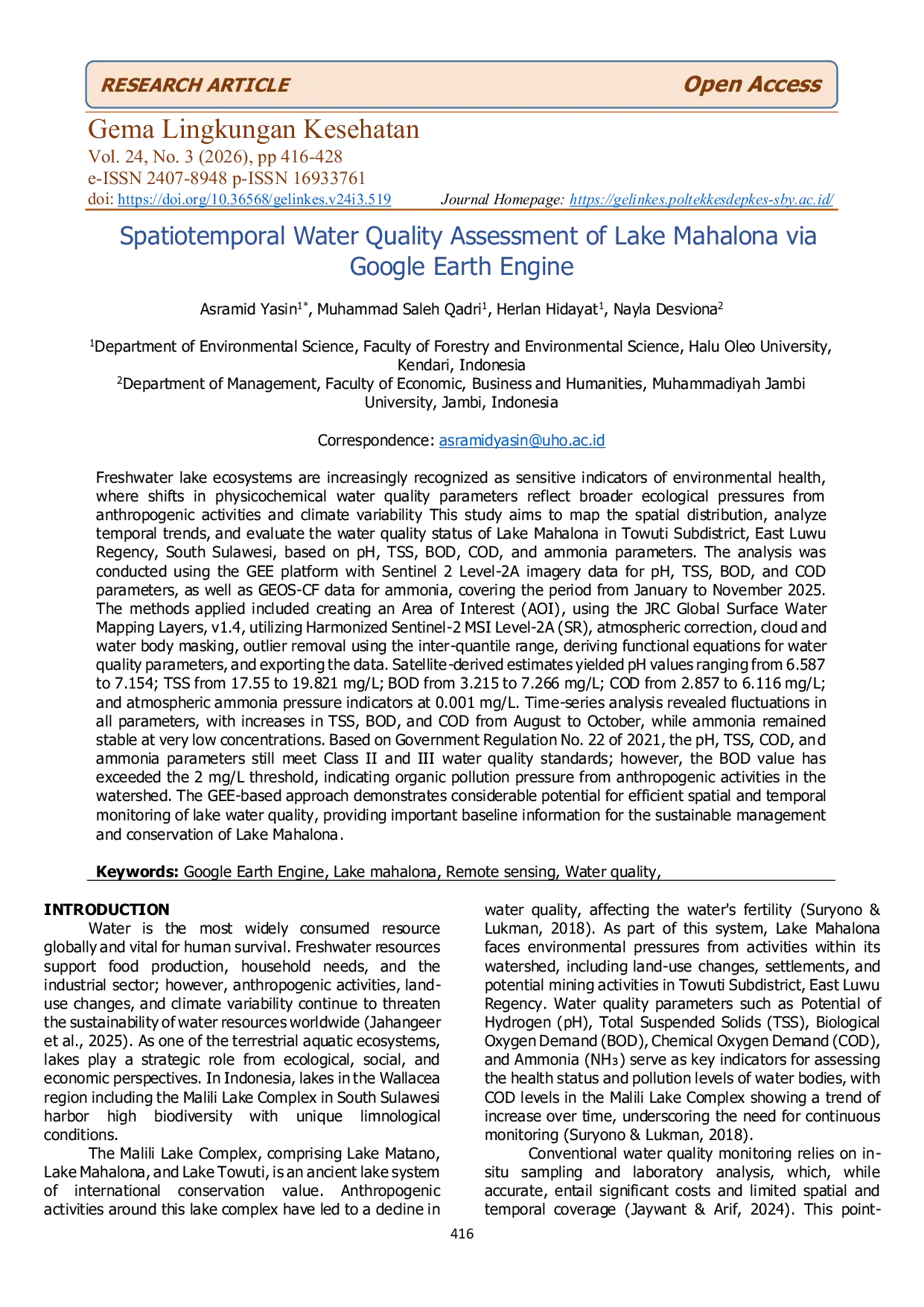 JURIS Spatiotemporal Water Quality Assessment of Lake Mahalona via Google Earth Engine