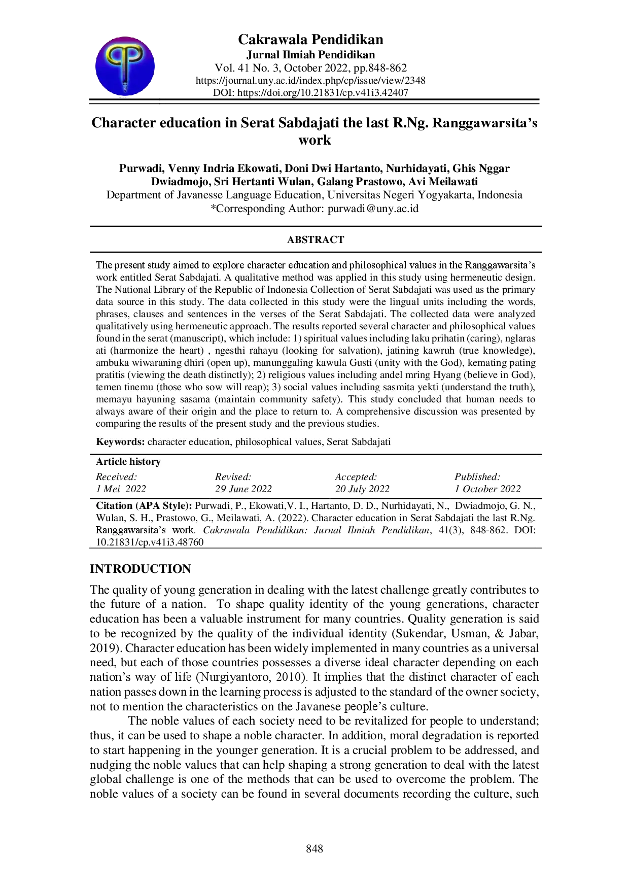 juris Character education in Serat Sabdajati the last R Ng Ranggawarsita s work