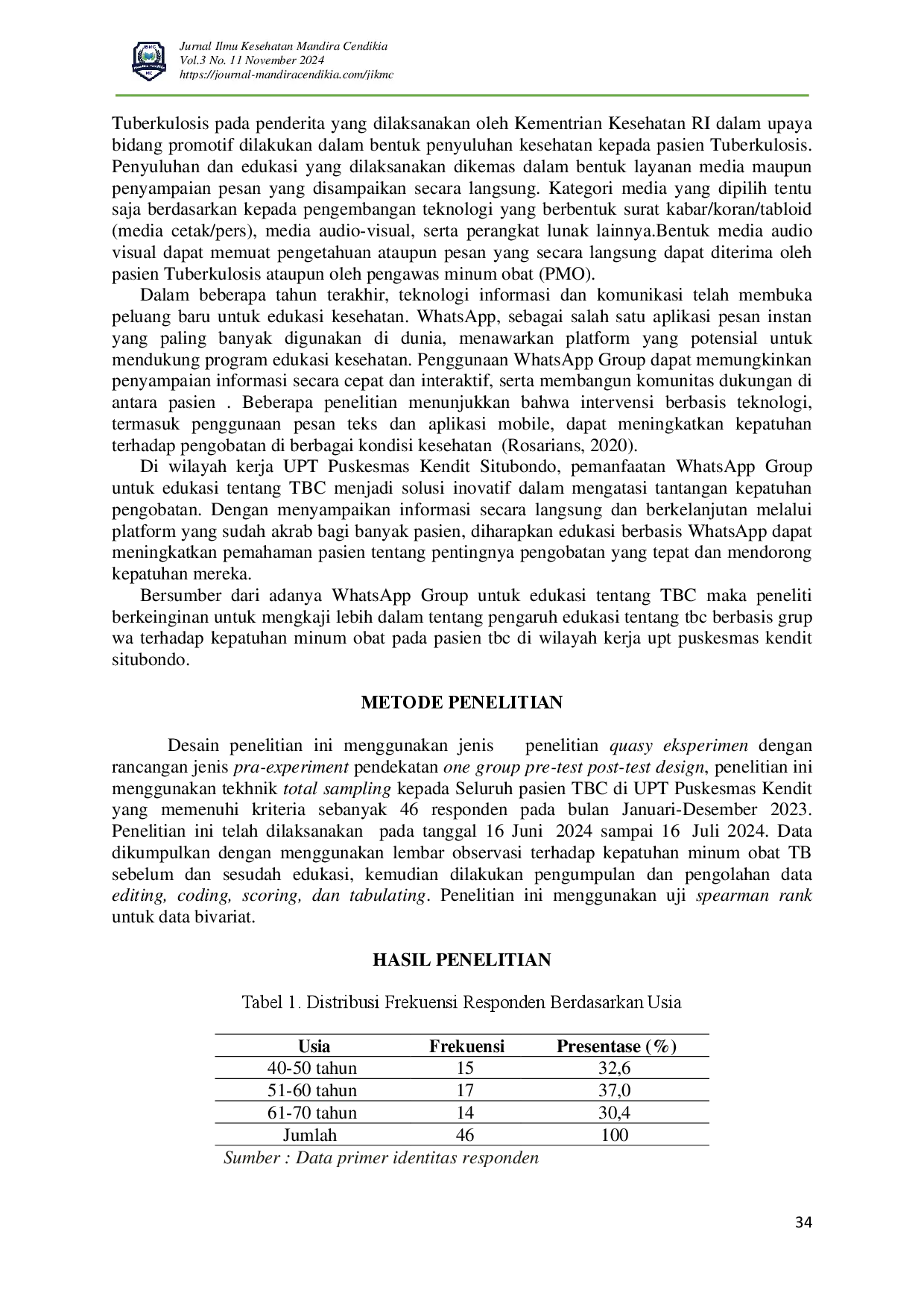 juris Pengaruh Edukasi Tentang TBC Berbasis Grup WA Terhadap Kepatuhan Minum Obat Pada Pasien TBC Di Wilayah Kerja UPT Puskesmas Kendit Situbondo