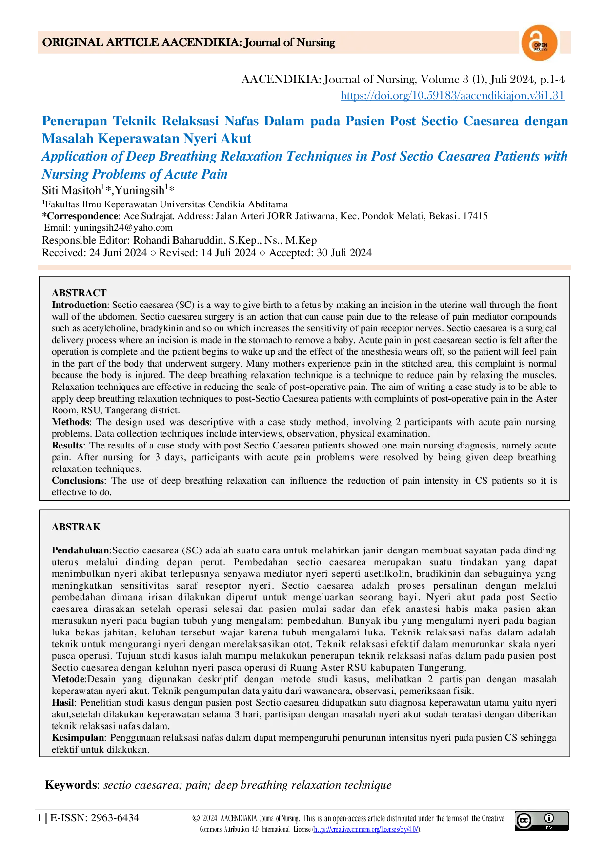JURIS Penerapan Teknik Relaksasi Nafas Dalam pada Pasien Post Sectio Caesarea dengan Masalah Keperawatan Nyeri Akut