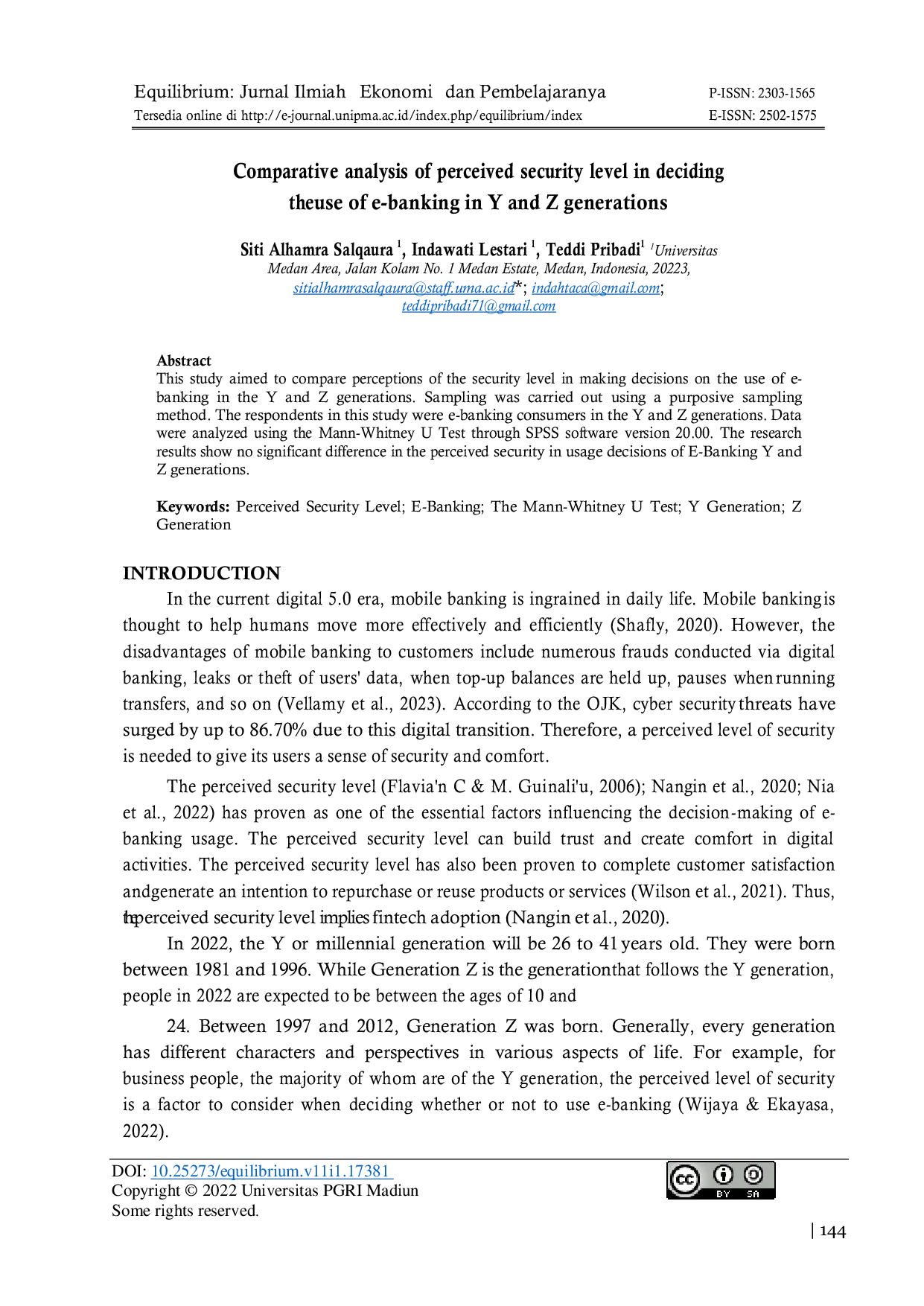 JURIS Comparative analysis of perceived security level in deciding the use of e banking in Y and Z generations