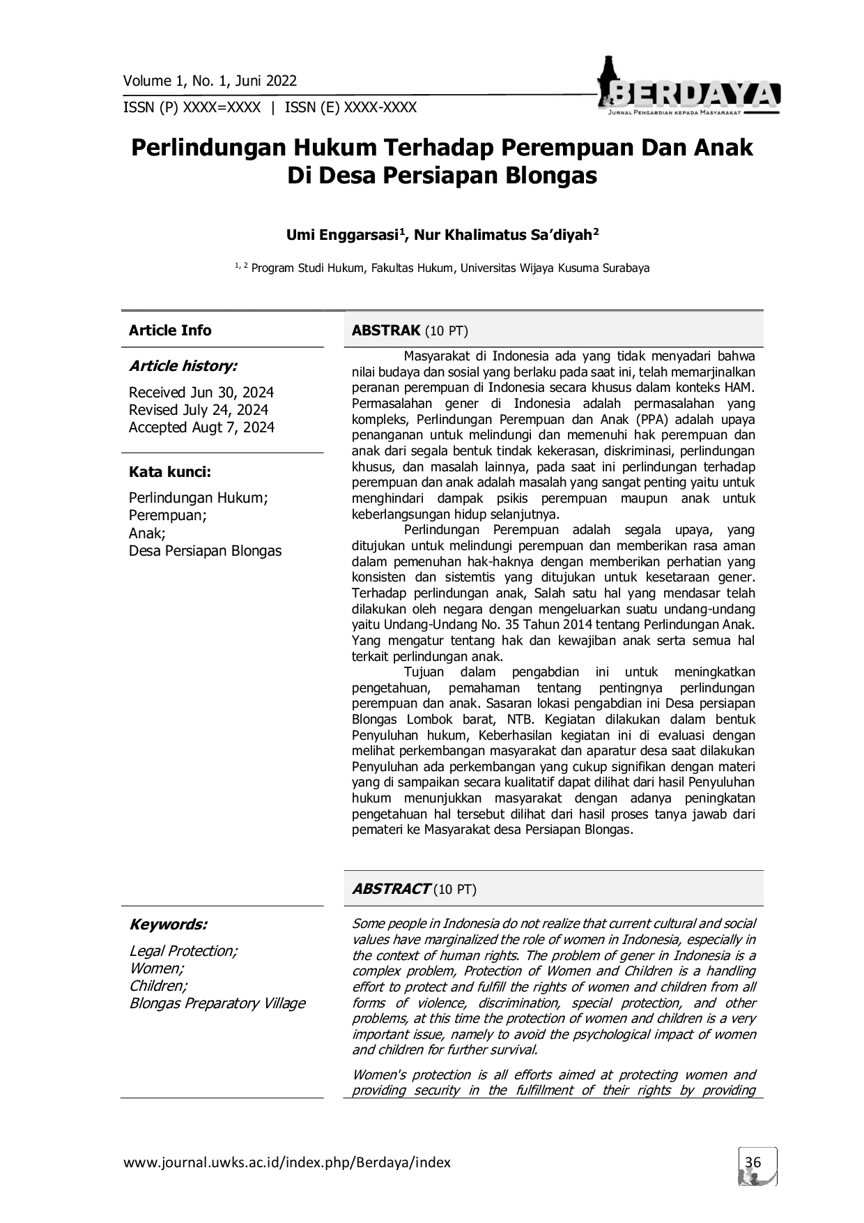 JURIS Perlindungan Hukum Terhadap Perempuan Dan Anak Di Desa Persiapan Blongas