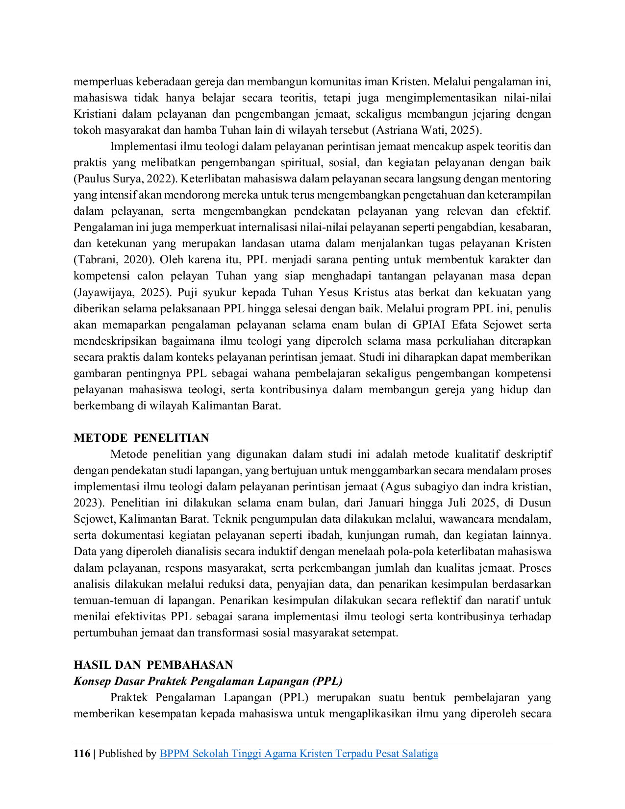 JURIS Implementasi Ilmu Teologi melalui Proyek Praktek Pengalaman Lapangan Studi pada Pelayanan Perintisan Jemaat GPIAI Efata Sejowet Wilayah Kalimantan Barat