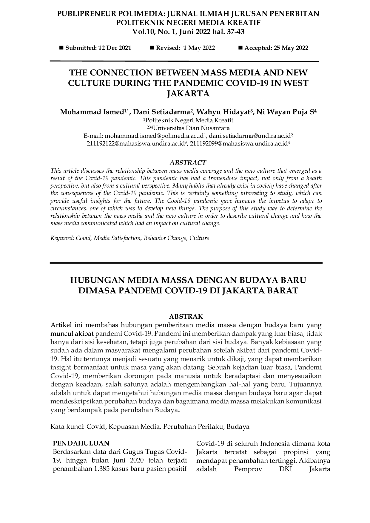 JURIS The Connection Between Mass Media and New Culture During the Pandemic Covid 19 in West Jakarta