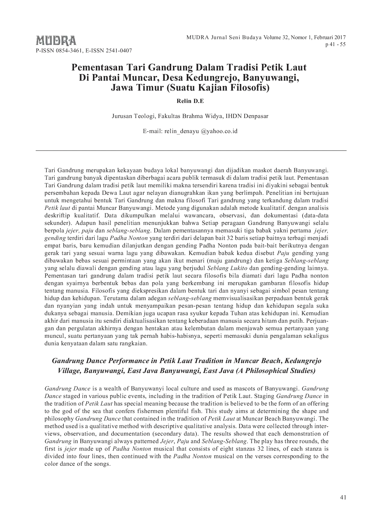 JURIS Pementasan Tari Gandrung Dalam Tradisi Petik Laut di Pantai Muncar Desa Kedungrejo Kec Muncar Banyuwangi Jawa Timur Suatu Kajian Filosofis