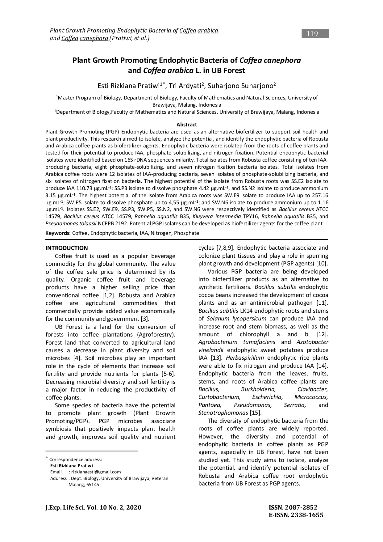 JURIS Plant Growth Promoting Endophytic Bacteria of Coffea canephora and Coffea arabica L in UB Forest