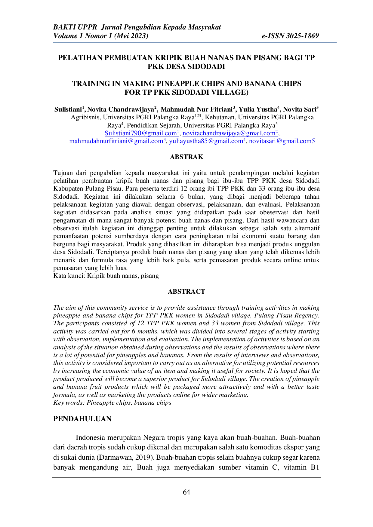 JURIS Pelatihan Pembuatan Kripik Buah Nanas Dan Pisang Bagi Tp Pkk Desa Sidodadi