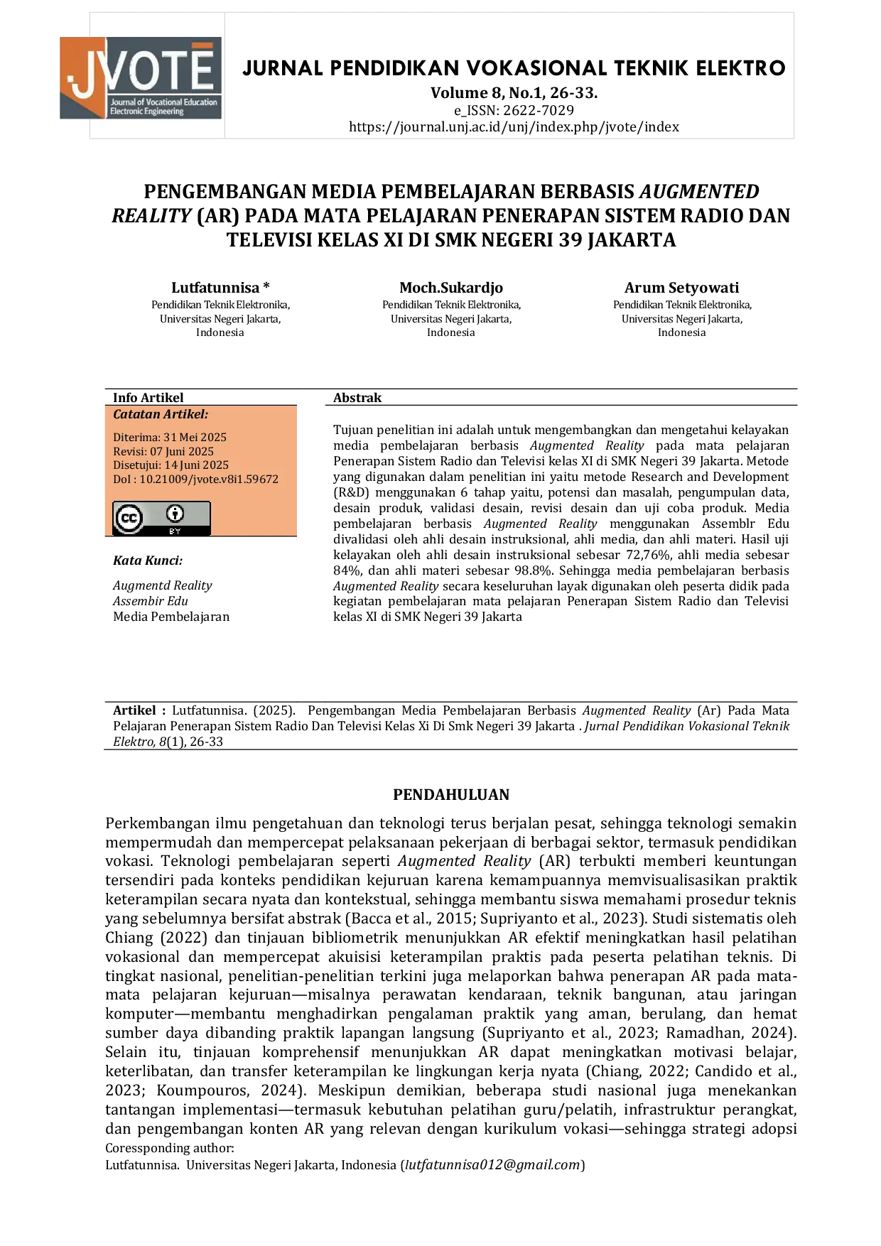 JURIS Pengembangan Media Pembelajaran Berbasis Augmented Reality AR Pada Mata Pelajaran Penerapan Sistem Radio Dan Televisi Kelas Xi Di Smk Negeri 39 Jakarta