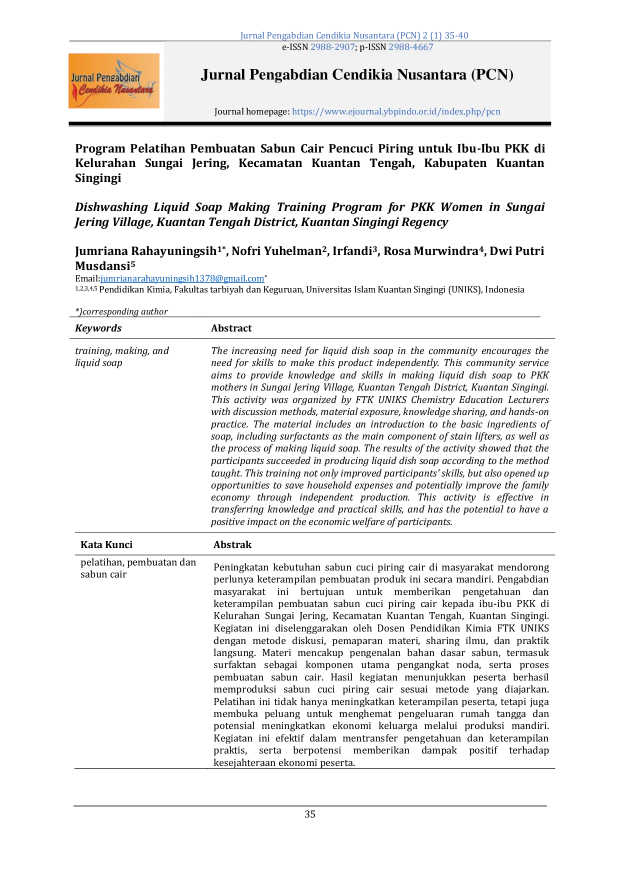 JURIS Dishwashing Liquid Soap Making Training Program for PKK Women in Sungai Jering Village Kuantan Tengah District Kuantan Singingi Regency