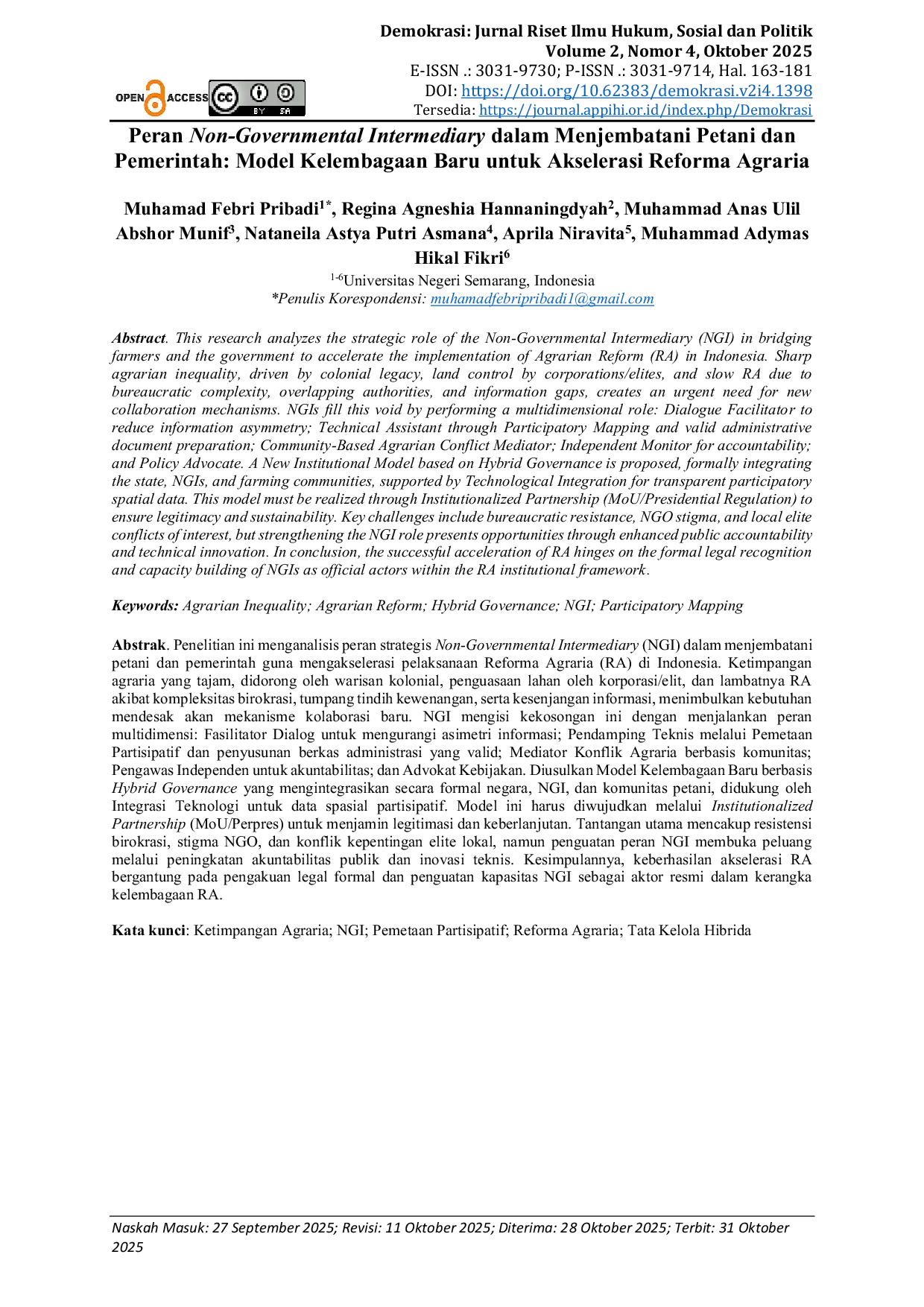 JURIS Peran Non Governmental Intermediary dalam Menjembatani Petani dan Pemerintah Model Kelembagaan Baru untuk Akselerasi Reforma Agraria
