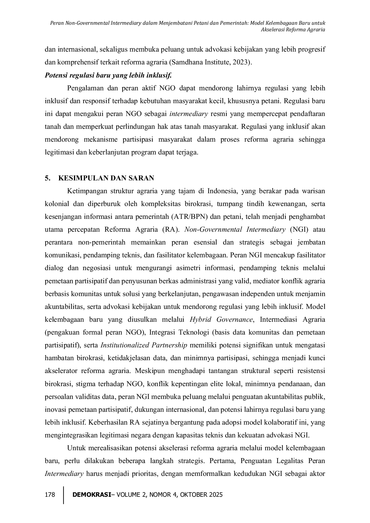 JURIS Peran Non Governmental Intermediary dalam Menjembatani Petani dan Pemerintah Model Kelembagaan Baru untuk Akselerasi Reforma Agraria