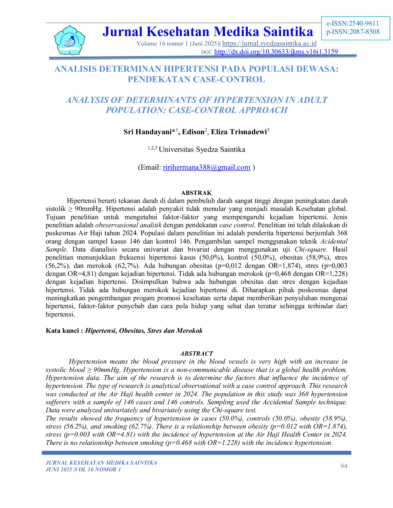 JURIS Analysis of Determinants of Hypertension in Adult Population Case Control Approach