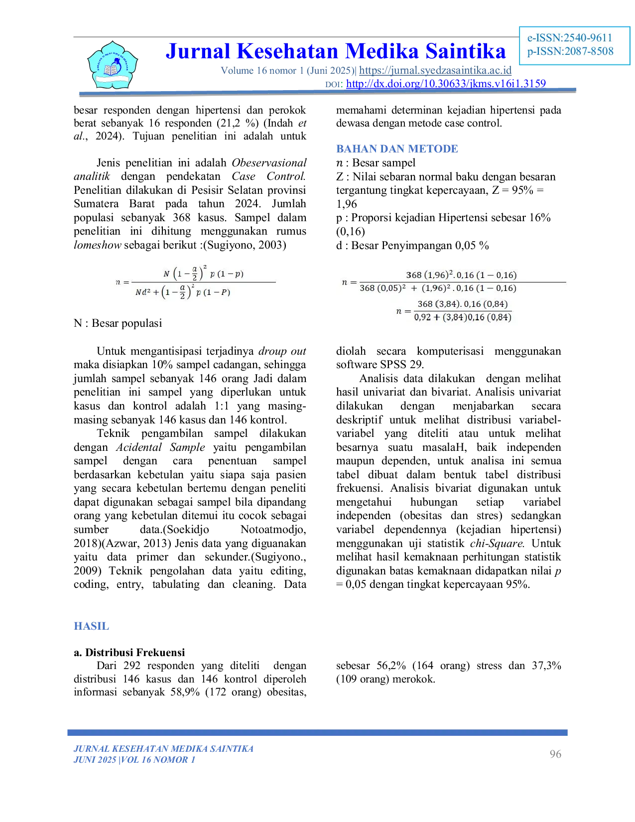 JURIS Analysis of Determinants of Hypertension in Adult Population Case Control Approach