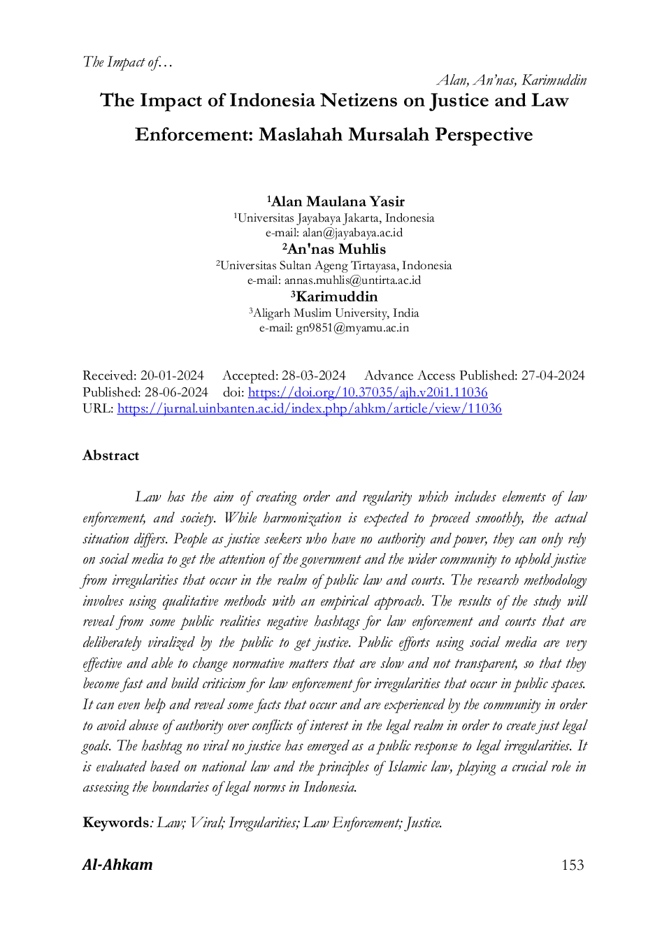 JURIS The Impact of Indonesia Netizens on Justice and Law Enforcement Maslahah Mursalah Perspective