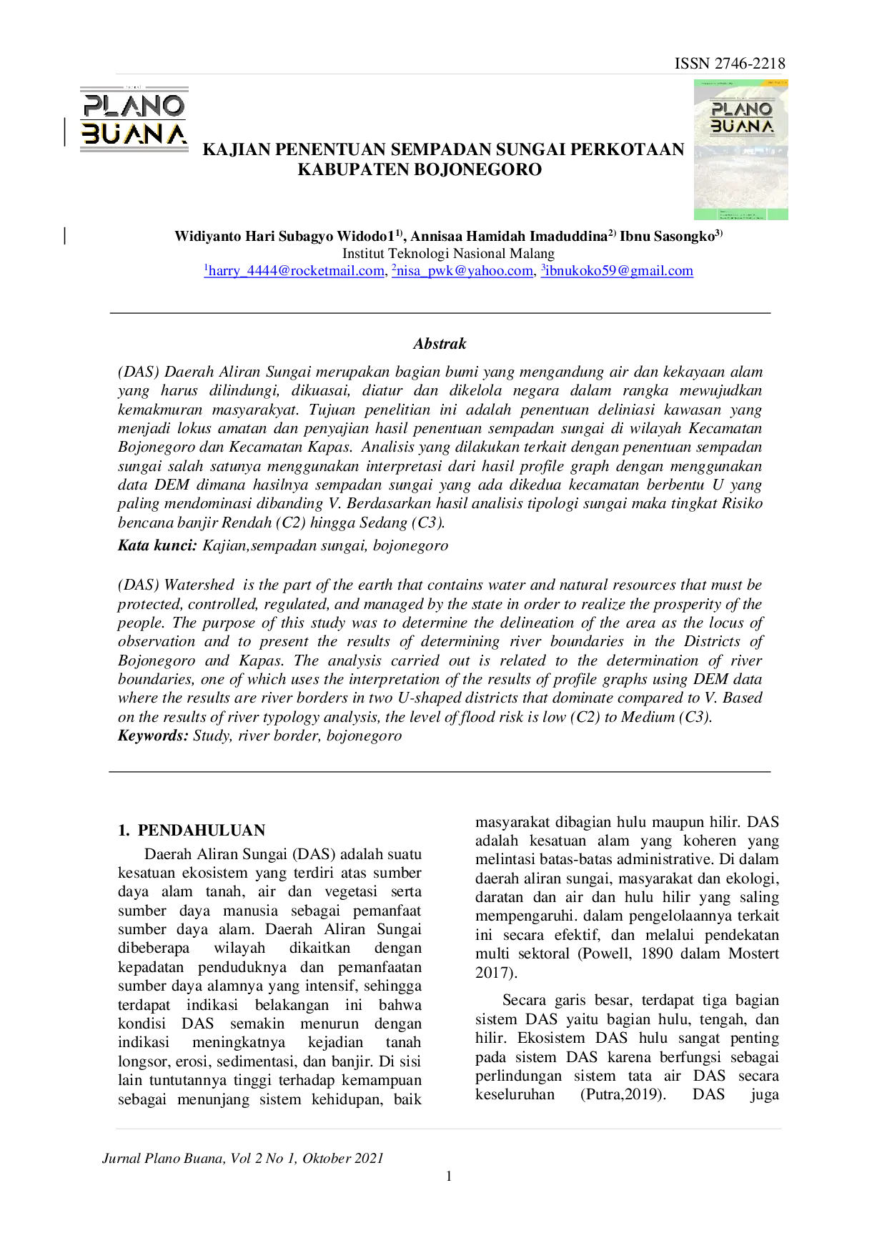 JURIS Kajian Penentuan Sempadan Sungai Perkotaan Kabupaten Bojonegoro Kajian Penentuan Sempadan Sungai Perkotaan Kabupaten Bojonegoro