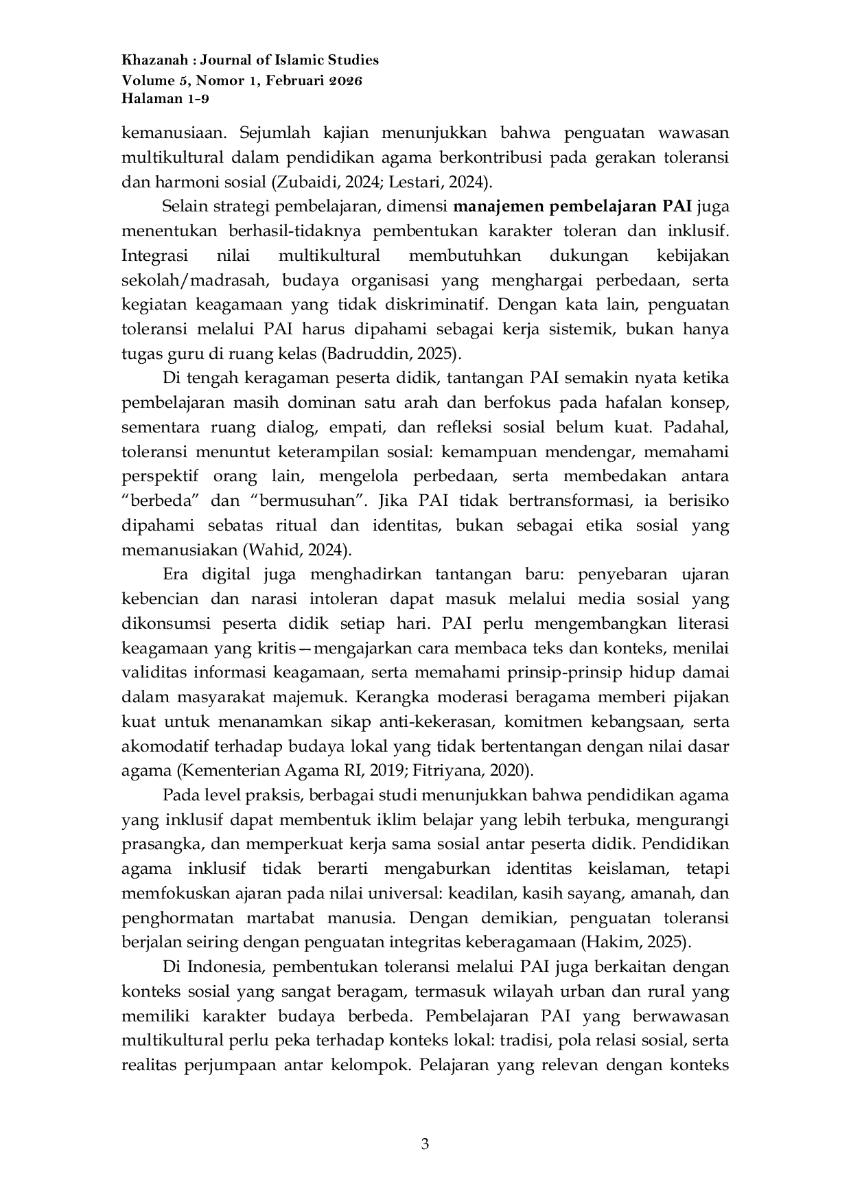 JURIS Peran Pendidikan Agama Islam dalam Membentuk Karakter Toleran dan Inklusif di Era Multikultural