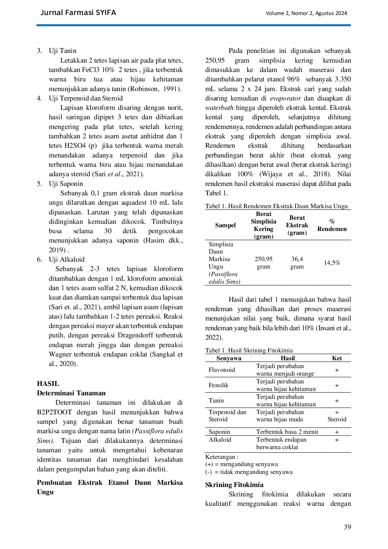 JURIS Uji Skrining Fitokimia Ekstrak Etanol 96 Daun Markisa Ungu Passiflora edulis Sims