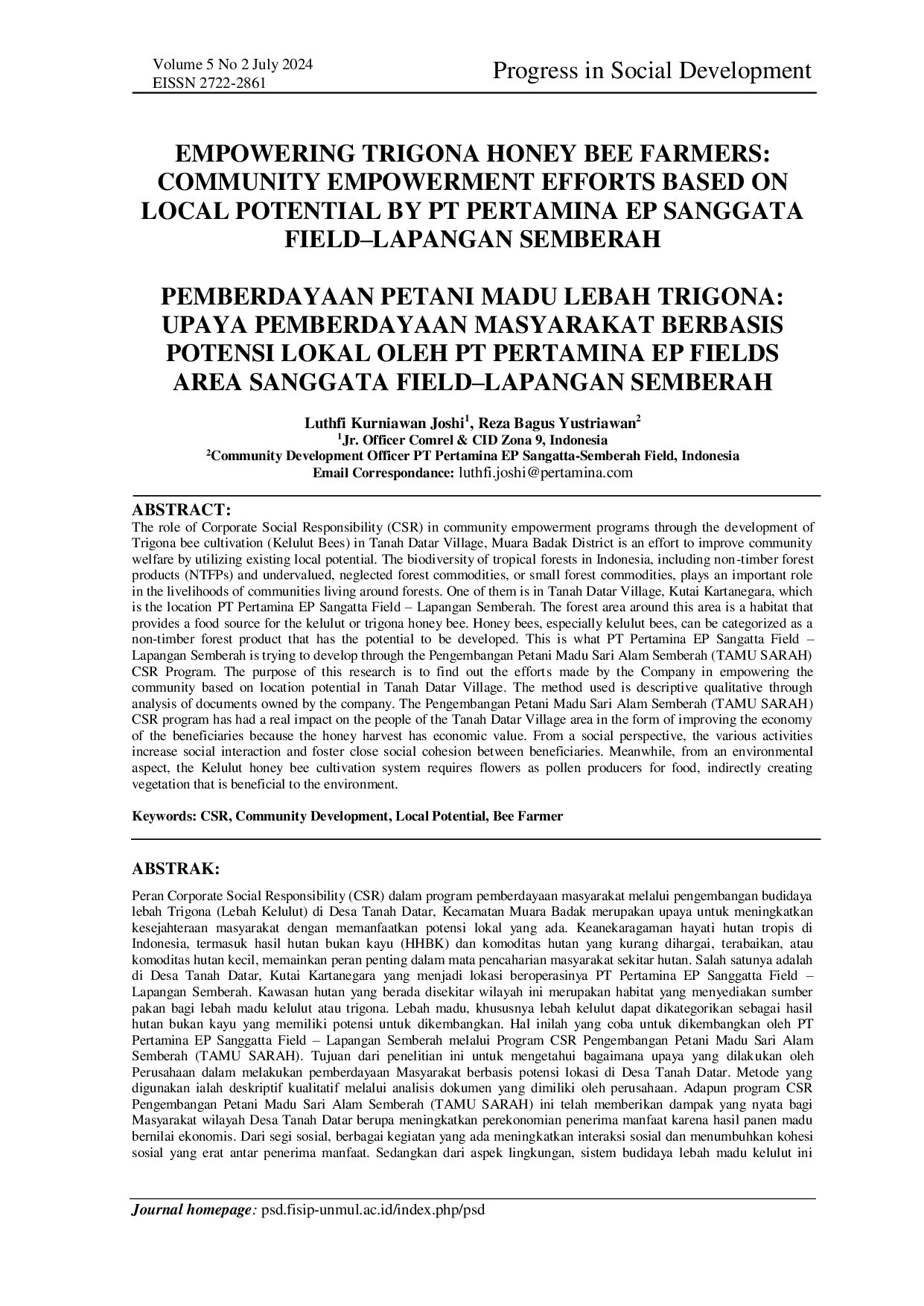 JURIS Empowering Trigona Honey Bee Farmers Community Empowerment Efforts Based on Local Potential by Pt Pertamina Ep Sangatta Field Lapangan Semberah