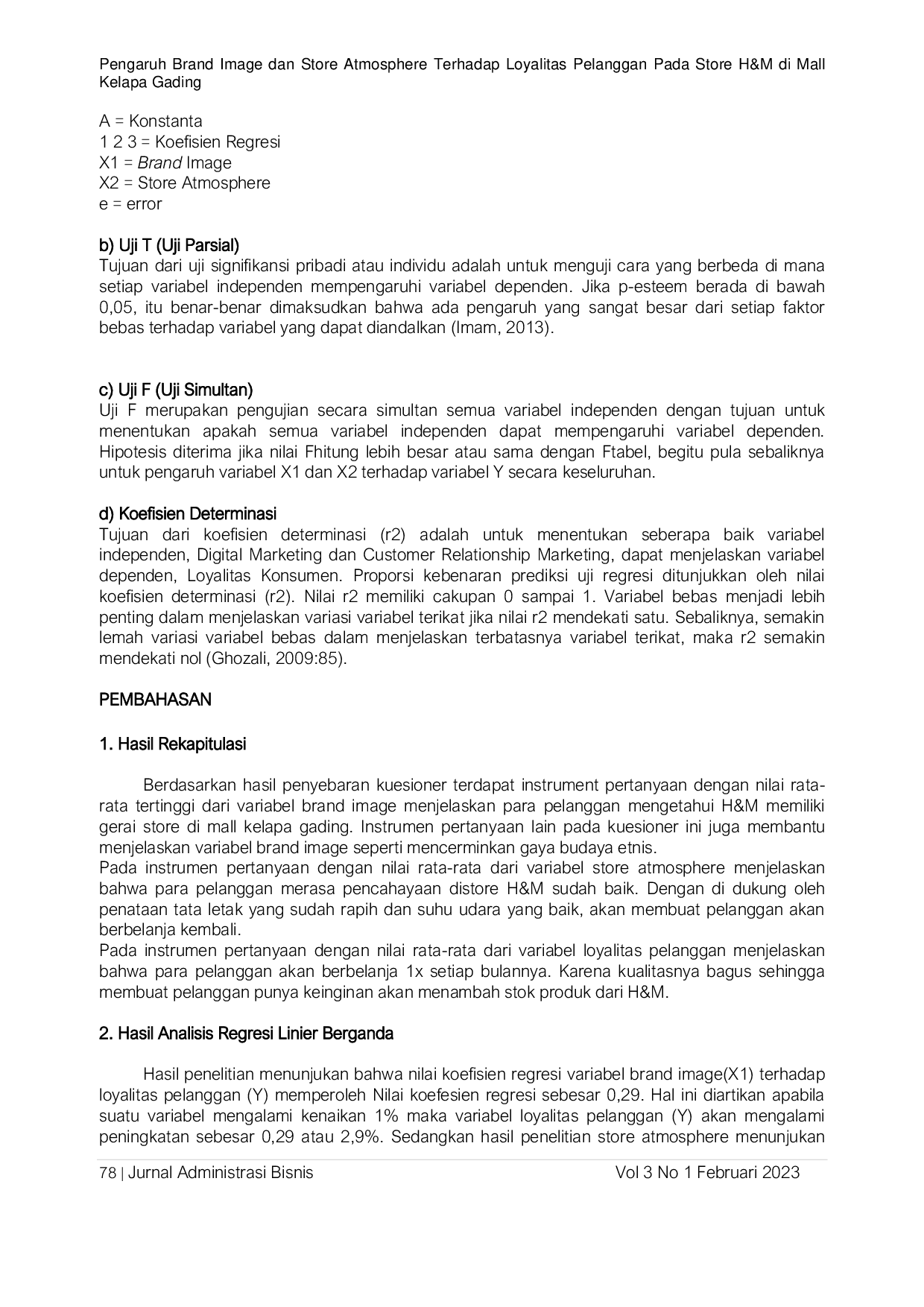 JURIS Pengaruh Brand Image Dan Store Atmosphere Terhadap Loyalitas Pelanggan Pada Store H M Di Mall Kelapa Gading