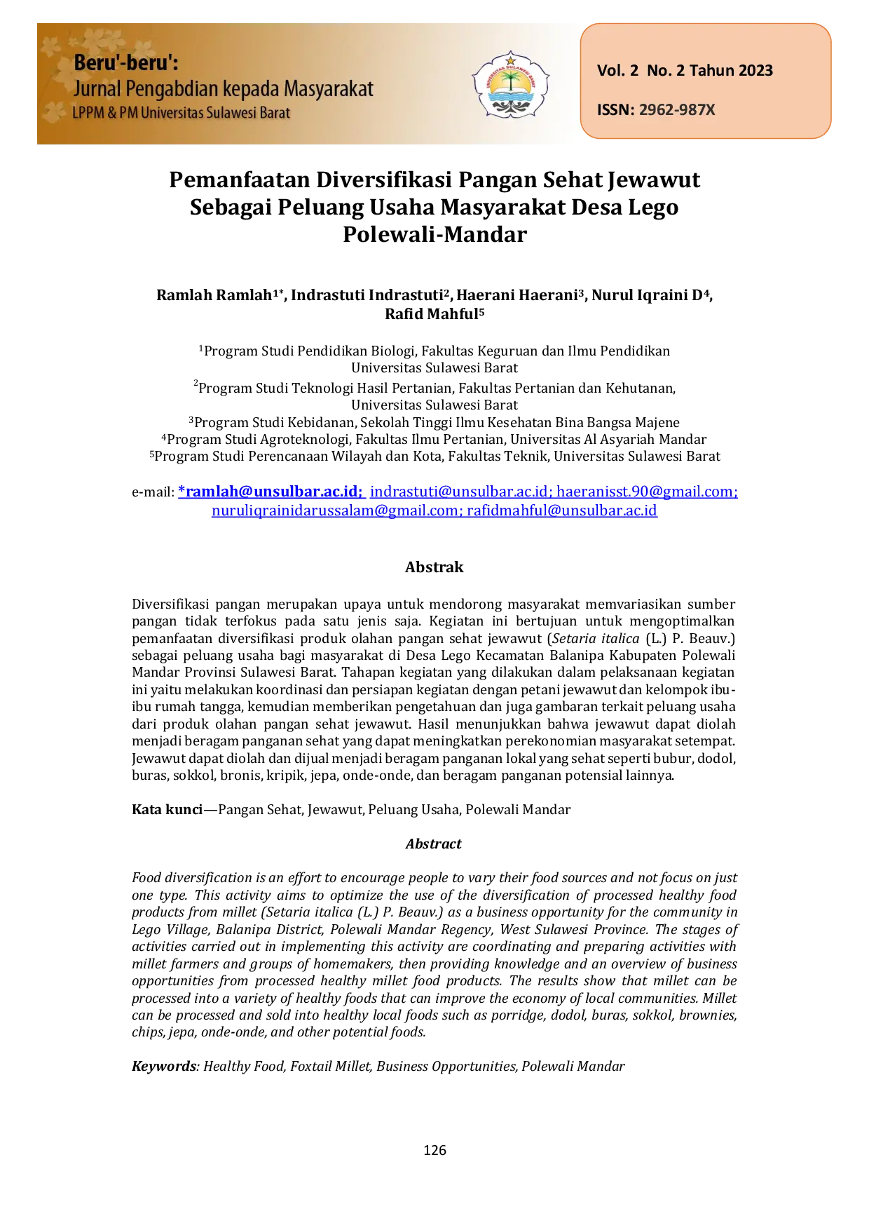 JURIS Pemanfaatan Diversifikasi Pangan Sehat Jewawut Sebagai Peluang Usaha Masyarakat Desa Lego Polewali Mandar