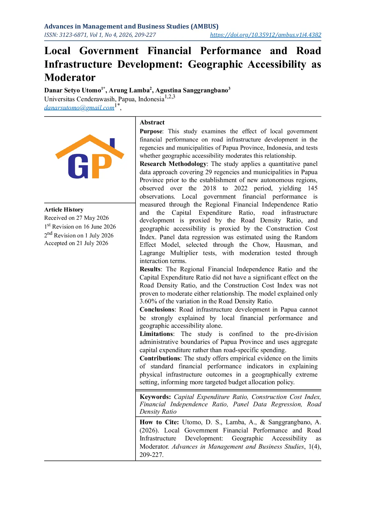 JURIS Local Government Financial Performance and Road Infrastructure Development Geographic Accessibility as Moderator