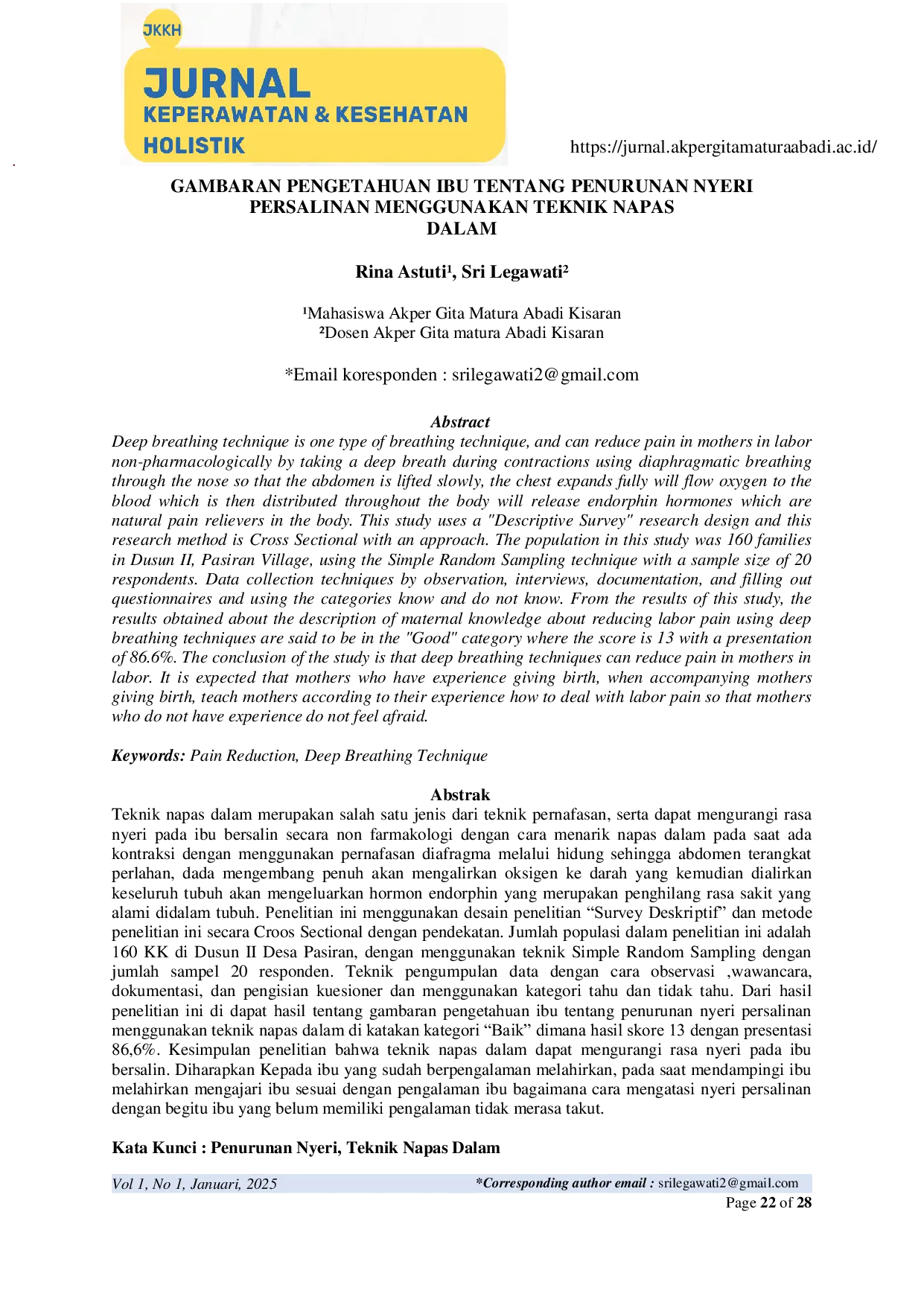 JURIS Gambaran Pengetahuan Ibu Tentang Penurunan Nyeri Persalinan Menggunakan Teknik Napas Dalam