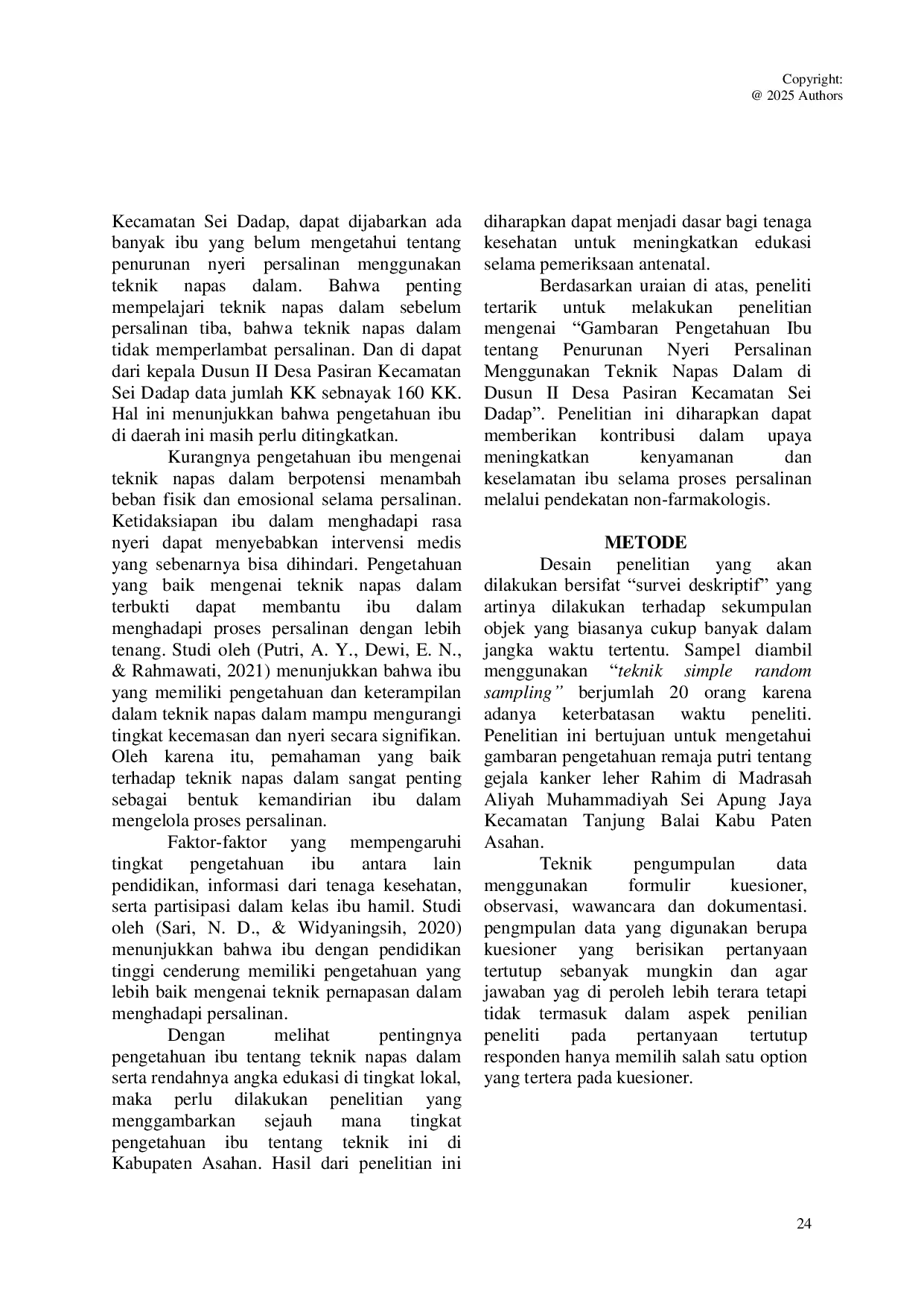 JURIS Gambaran Pengetahuan Ibu Tentang Penurunan Nyeri Persalinan Menggunakan Teknik Napas Dalam