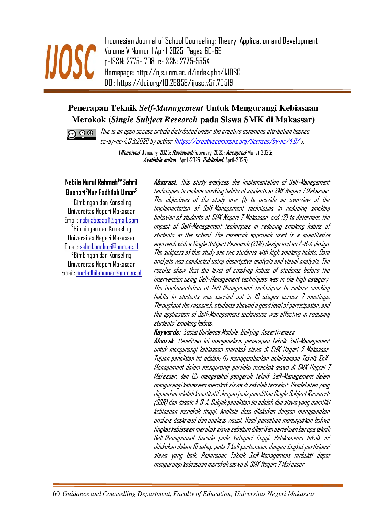 JURIS Penerapan Teknik Self Management untuk Mengurangi Kebiasaan Merokok Single Subject Research pada Siswa SMK di Makassar