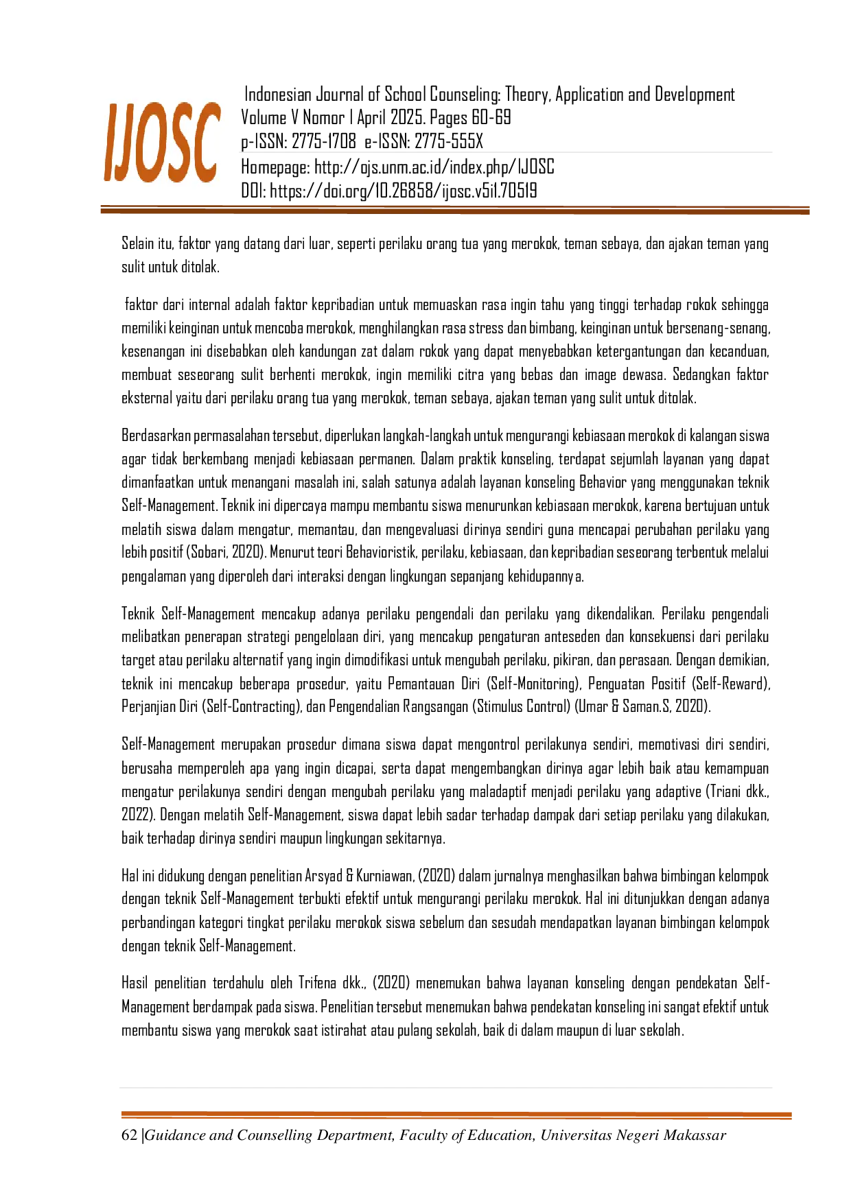 JURIS Penerapan Teknik Self Management untuk Mengurangi Kebiasaan Merokok Single Subject Research pada Siswa SMK di Makassar