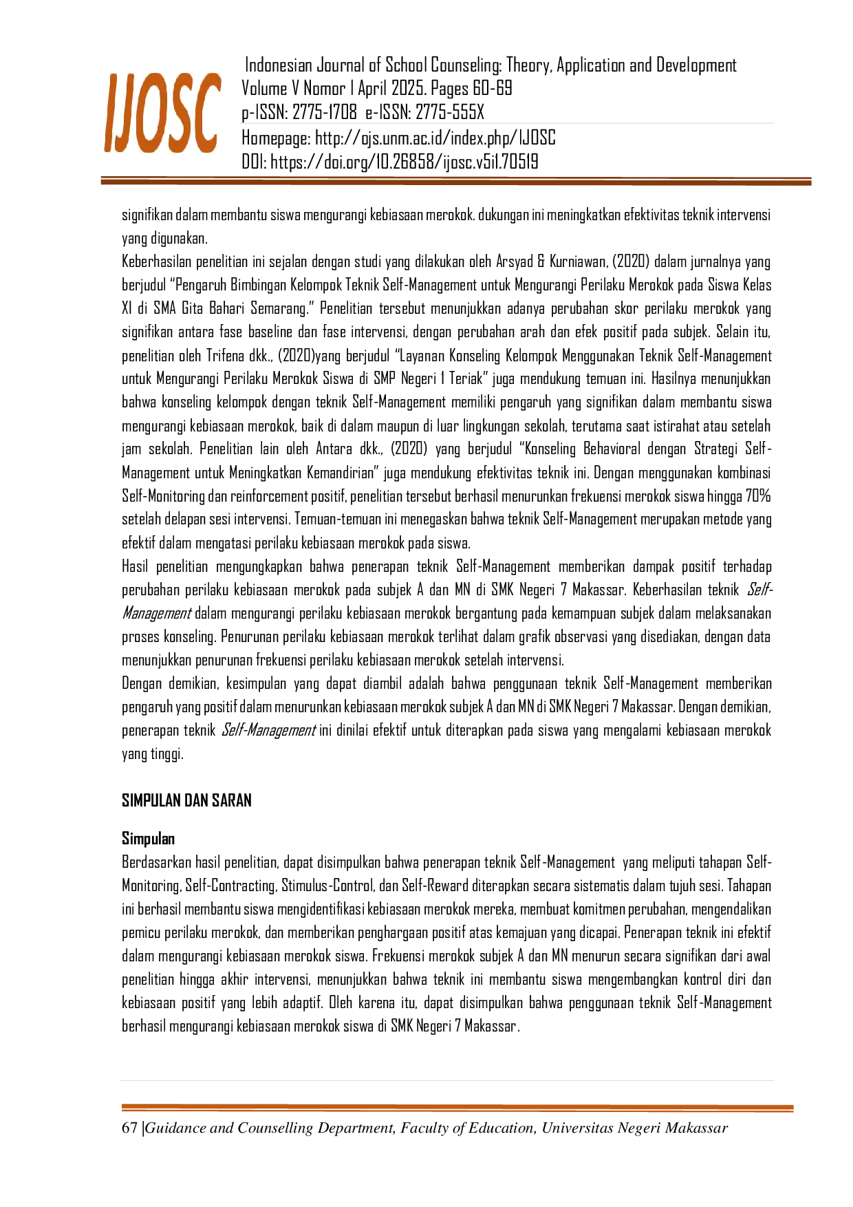 JURIS Penerapan Teknik Self Management untuk Mengurangi Kebiasaan Merokok Single Subject Research pada Siswa SMK di Makassar