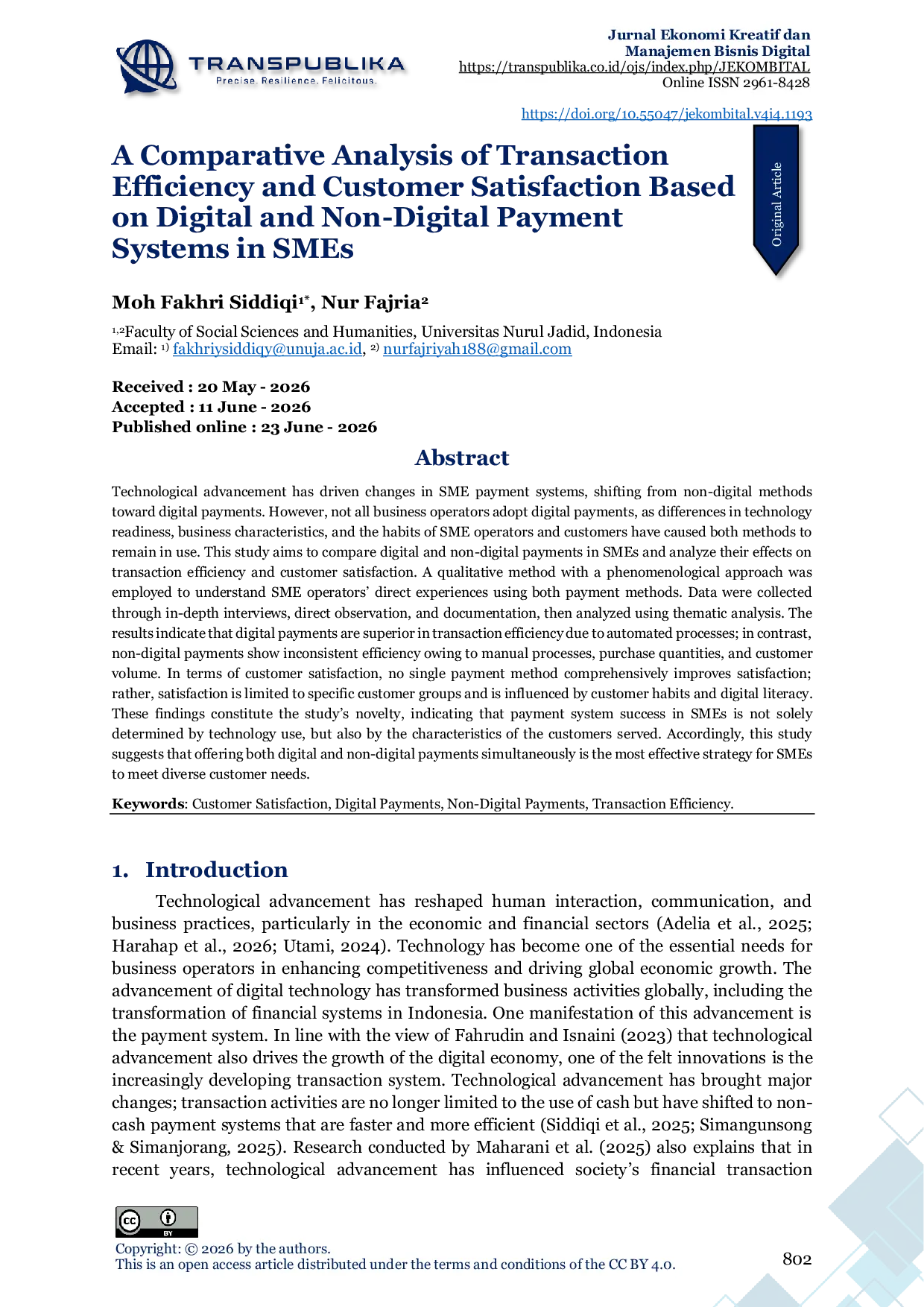 JURIS A Comparative Analysis of Transaction Efficiency and Customer Satisfaction Based on Digital and Non Digital Payment Systems in SMEs