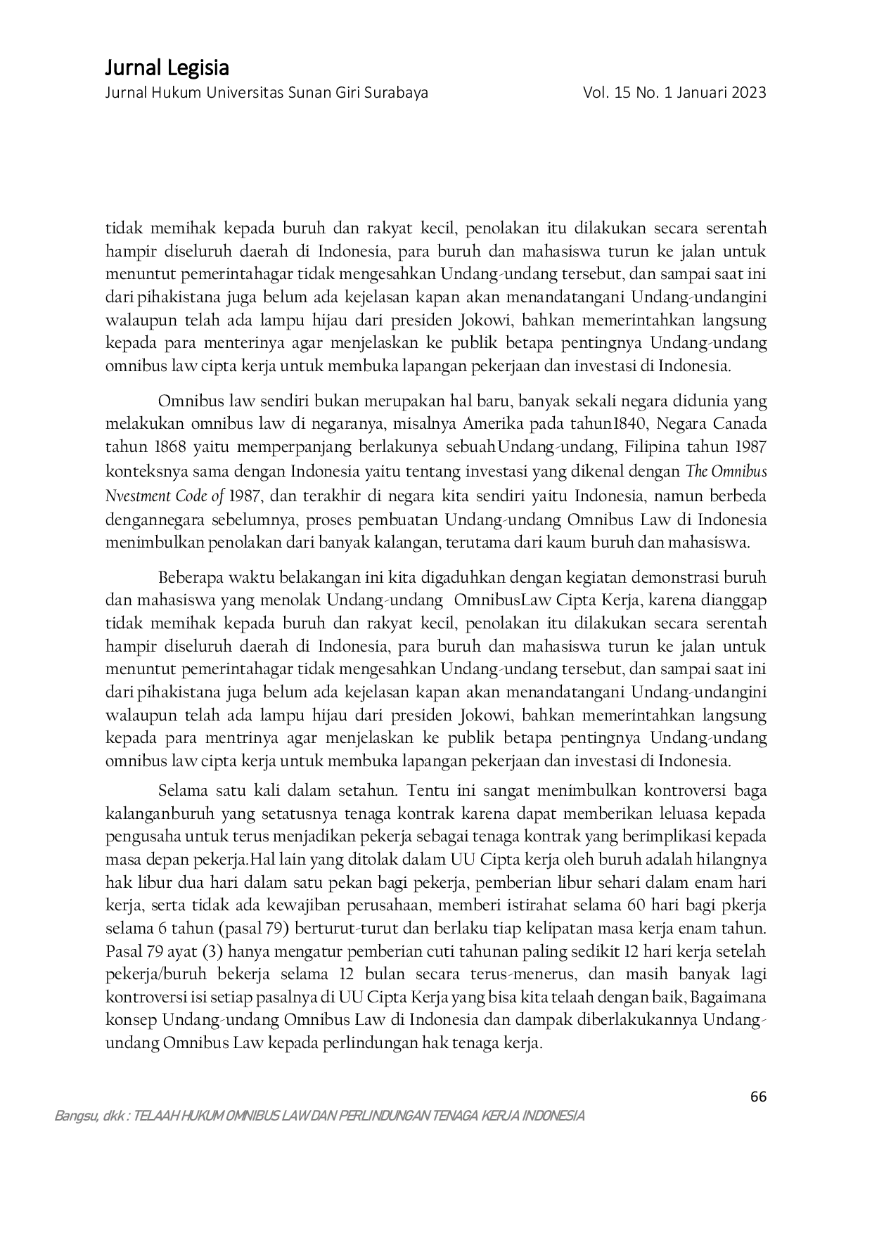 JURIS TELAAH HUKUM OMNIBUS LAW DAN PERLINDUNGAN TENAGA KERJA INDONESIA Perspektif Undang Undang No 11 Tahun 2020 Tentang Cipta Kerja