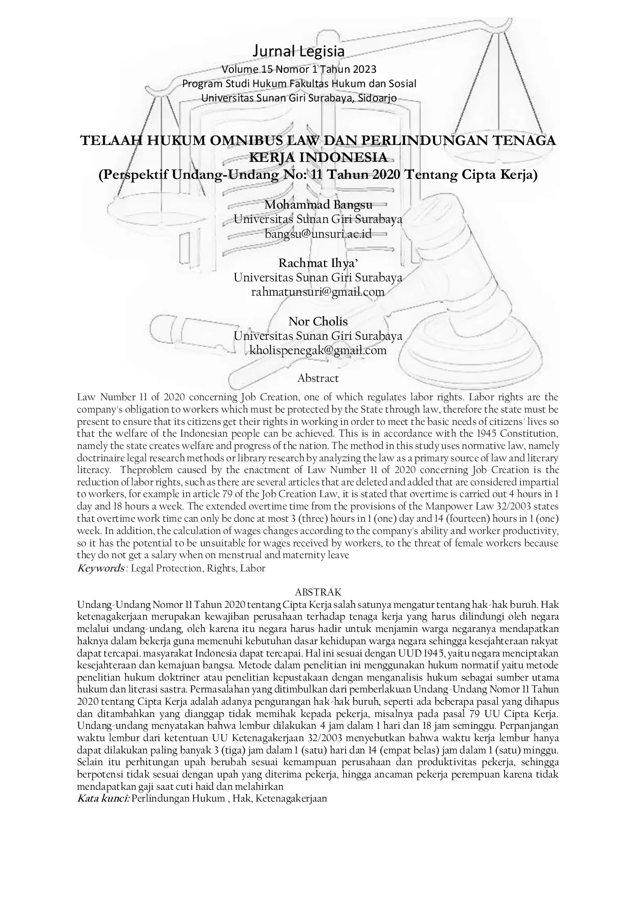 JURIS TELAAH HUKUM OMNIBUS LAW DAN PERLINDUNGAN TENAGA KERJA INDONESIA Perspektif Undang Undang No 11 Tahun 2020 Tentang Cipta Kerja
